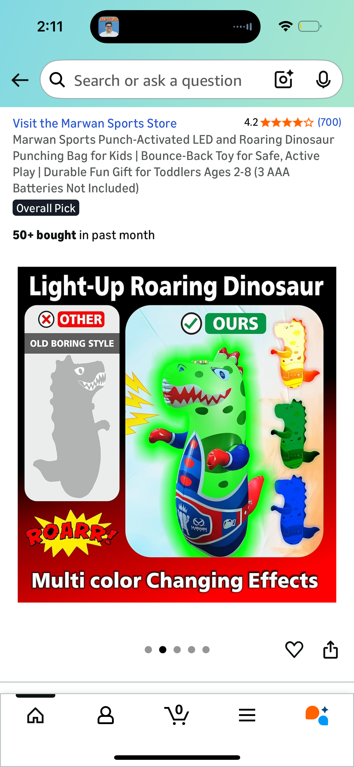 Marwan Sports Punch-Activated LED and Roaring Dinosaur Punching Bag for Kids | Bounce-Back Toy for Safe, Active Play | Durable Fun Gift for Toddlers Ages 2-8 (3 AAA Batteries Not Included)
