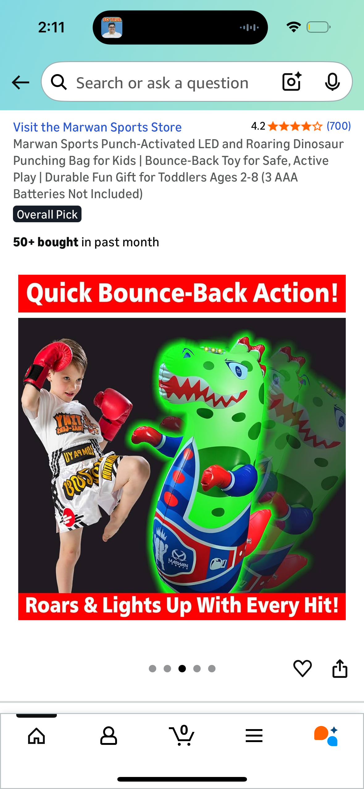 Marwan Sports Punch-Activated LED and Roaring Dinosaur Punching Bag for Kids | Bounce-Back Toy for Safe, Active Play | Durable Fun Gift for Toddlers Ages 2-8 (3 AAA Batteries Not Included)