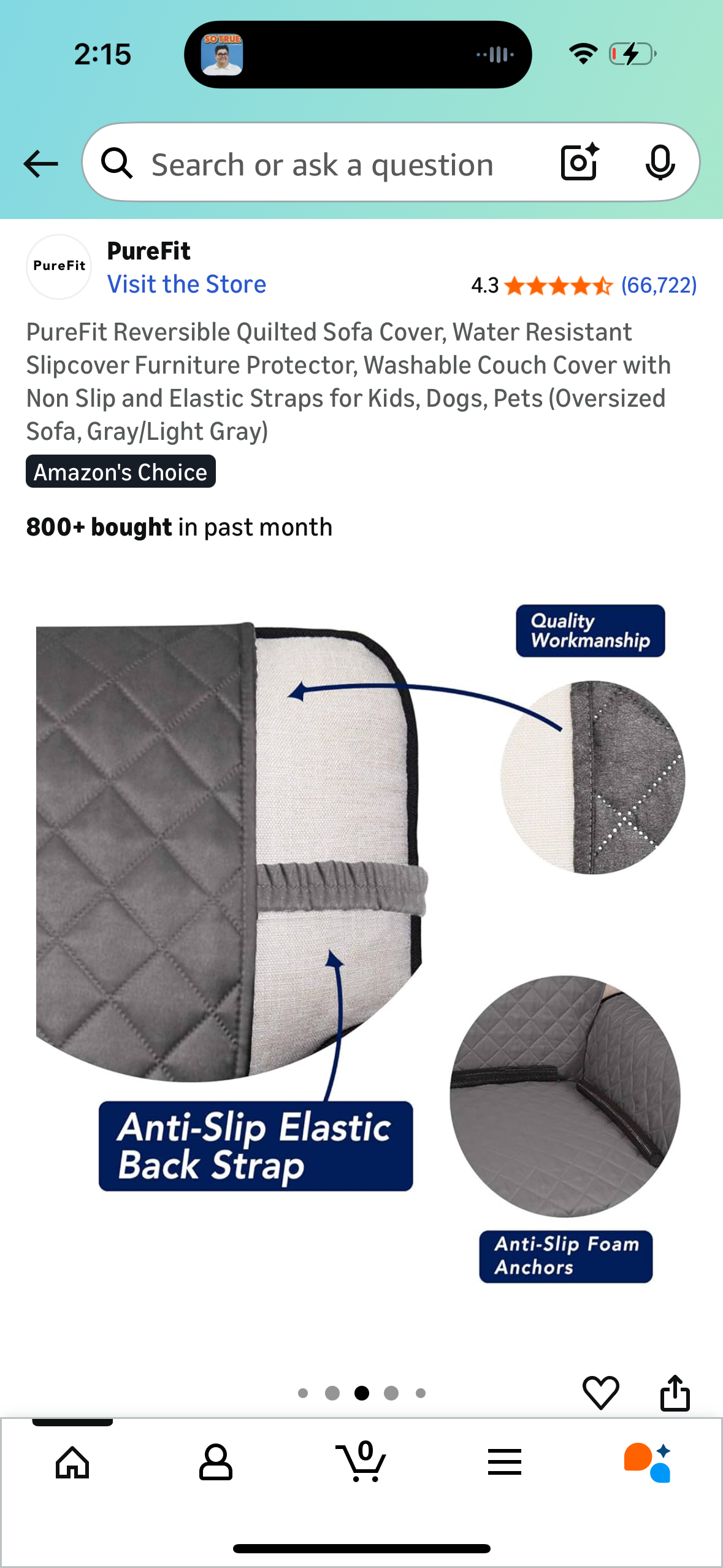 PureFit Reversible Quilted Sofa Cover, Water Resistant Slipcover Furniture Protector, Washable Couch Cover with Non Slip and Elastic Straps for Kids, Dogs, Pets (Oversized Sofa, Gray/Light Gray)