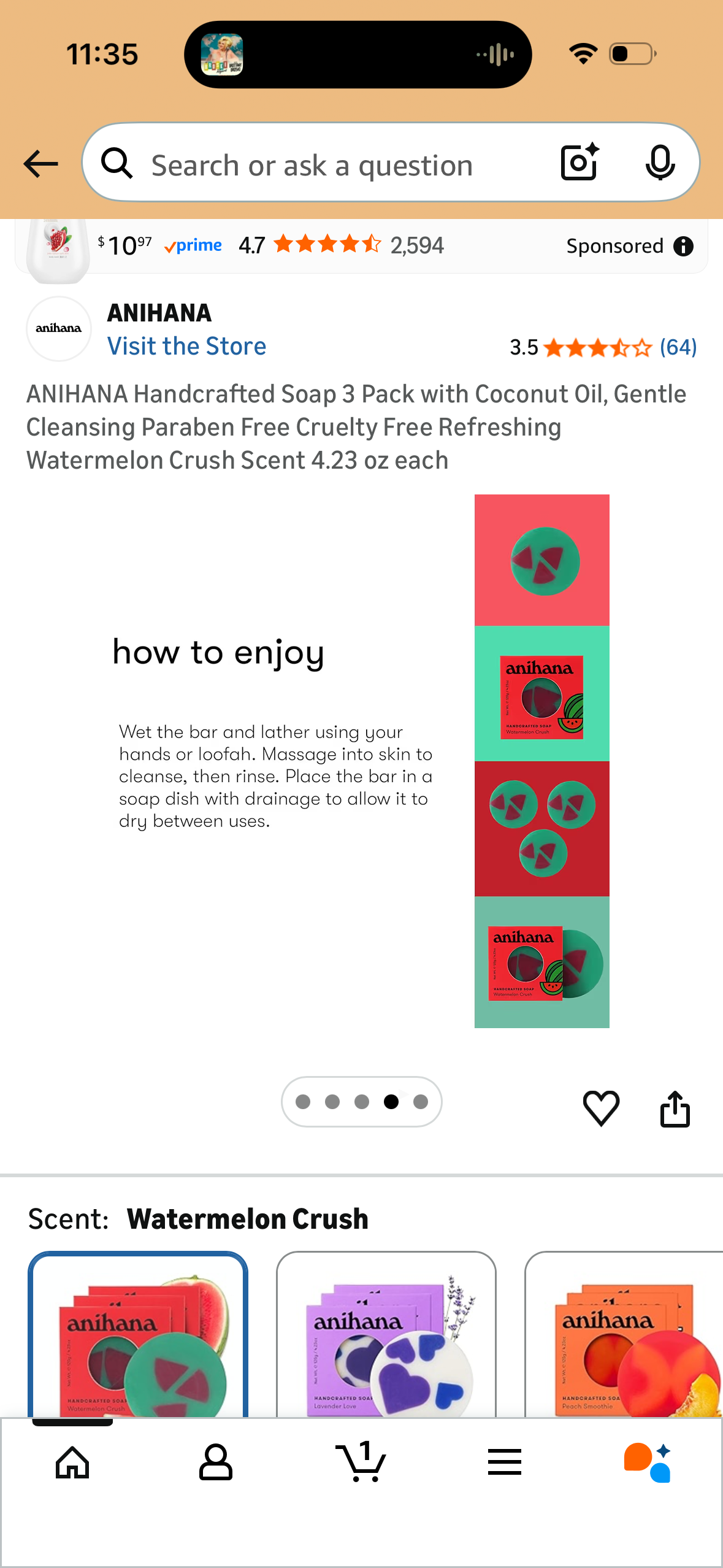 ANIHANA Handcrafted Soap 3 Pack with Coconut Oil, Gentle Cleansing Paraben Free Cruelty Free Refreshing Watermelon Crush Scent 4.23 oz each