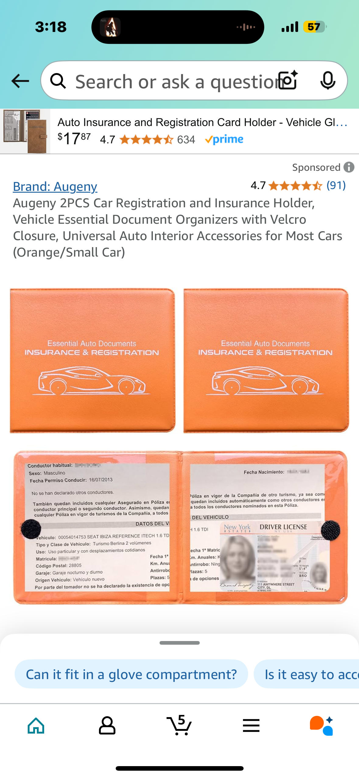 Augeny 2PCS Car Registration and Insurance Holder, Vehicle Essential Document Organizers with Velcro Closure, Universal Auto Interior Accessories for Most Cars (Orange/Small Car)