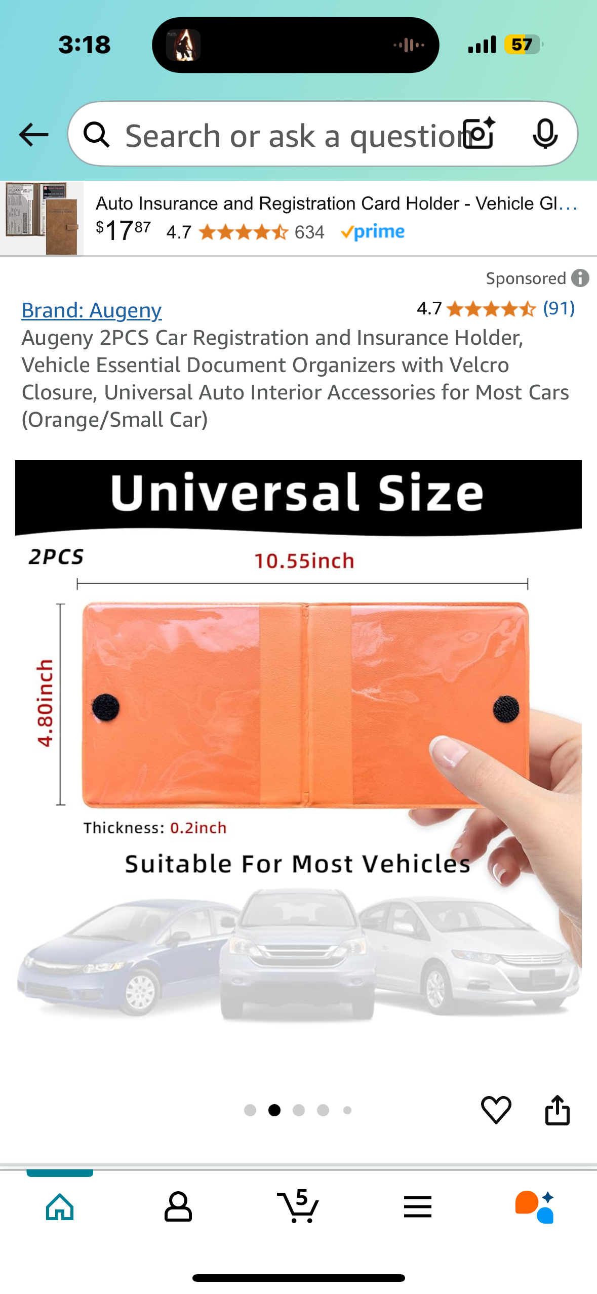 Augeny 2PCS Car Registration and Insurance Holder, Vehicle Essential Document Organizers with Velcro Closure, Universal Auto Interior Accessories for Most Cars (Orange/Small Car)