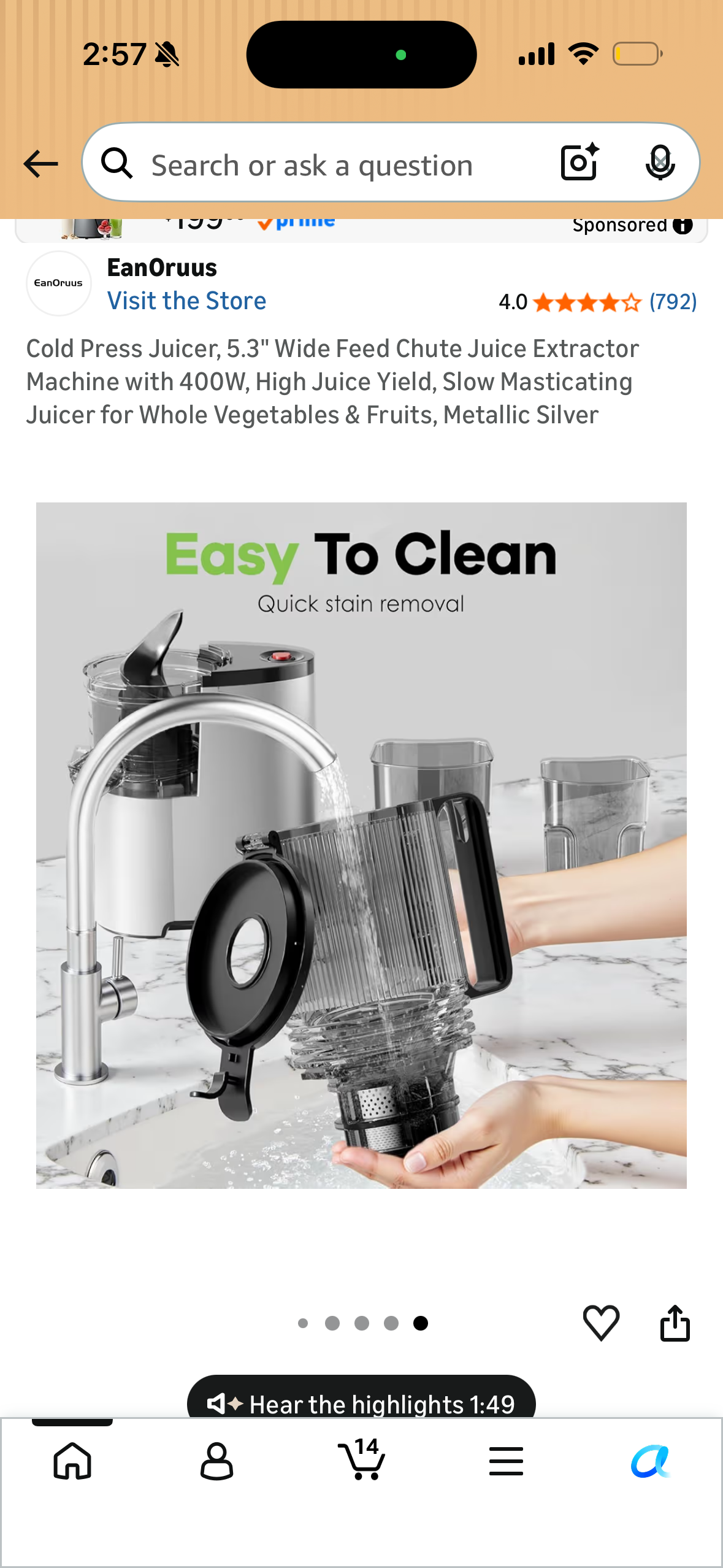 Cold Press Juicer, 5.3" Wide Feed Chute Juice Extractor Machine with 400W, High Juice Yield, Slow Masticating Juicer for Whole Vegetables & Fruits, Metallic Silver