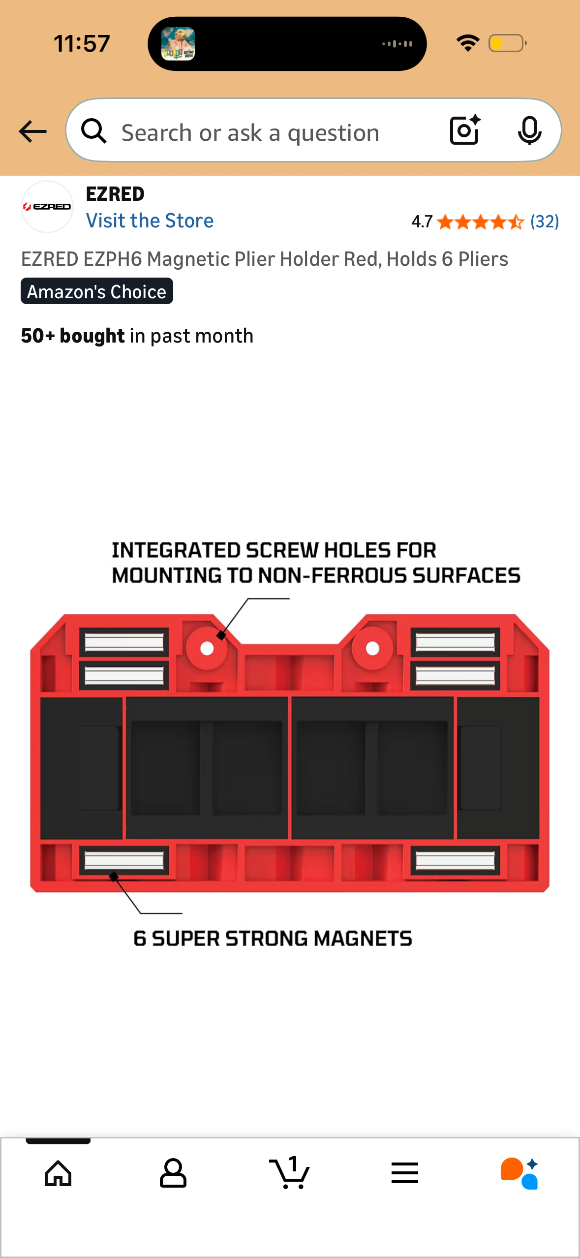 EZRED EZPH6 Magnetic Plier Holder Red, Holds 6 Pliers