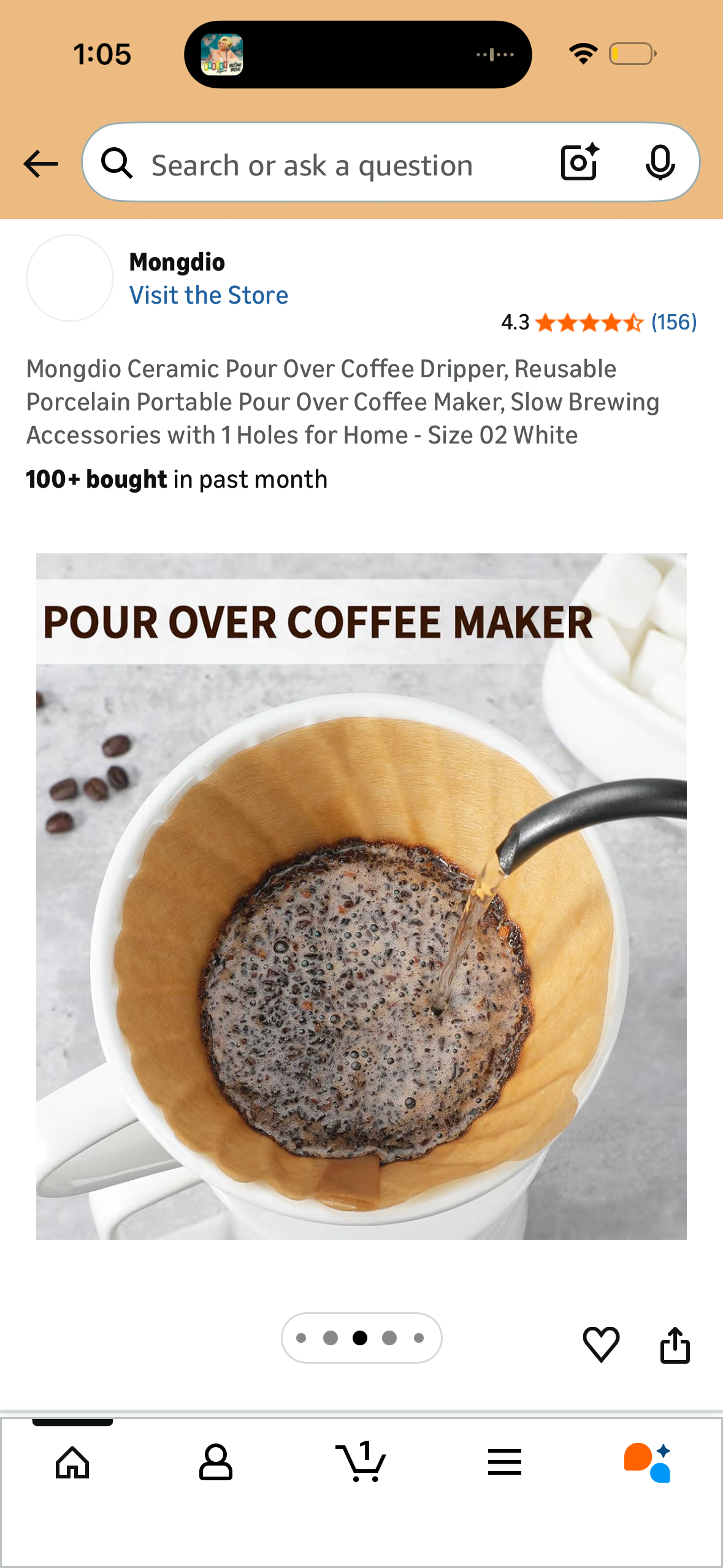 Mongdio Ceramic Pour Over Coffee Dripper, Reusable Porcelain Portable Pour Over Coffee Maker, Slow Brewing Accessories with 1 Holes for Home - Size 02 White