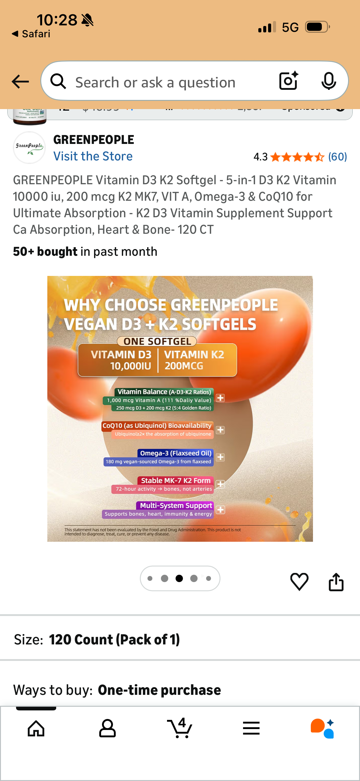 GREENPEOPLE Vitamin D3 K2 Softgel - 5-in-1 D3 K2 Vitamin 10000 iu, 200 mcg K2 MK7, VIT A, Omega-3 & CoQ10 for Ultimate Absorption - K2 D3 Vitamin Supplement Support Ca Absorption, Heart & Bone- 120 CT