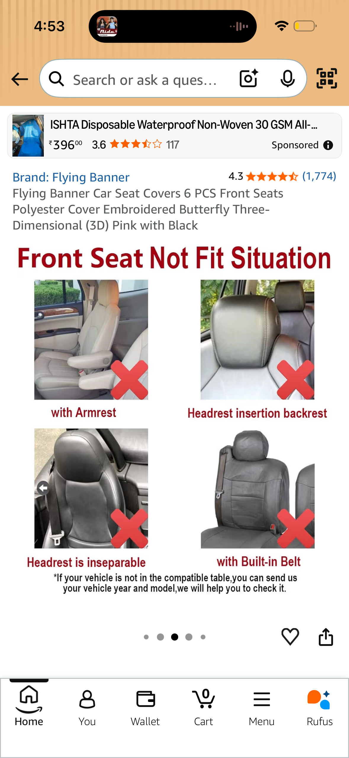 Flying Banner Car Seat Covers 6 PCS Front Seats Polyester Cover Embroidered Butterfly Three-Dimensional (3D) Pink with Black
