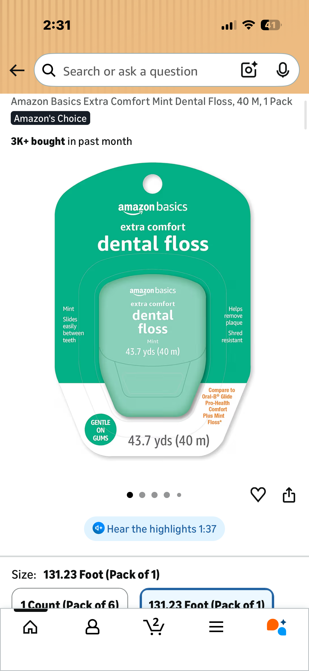 ‼️2 for $3‼️ Amazon Basics Extra Comfort Mint Dental Floss, 40 M