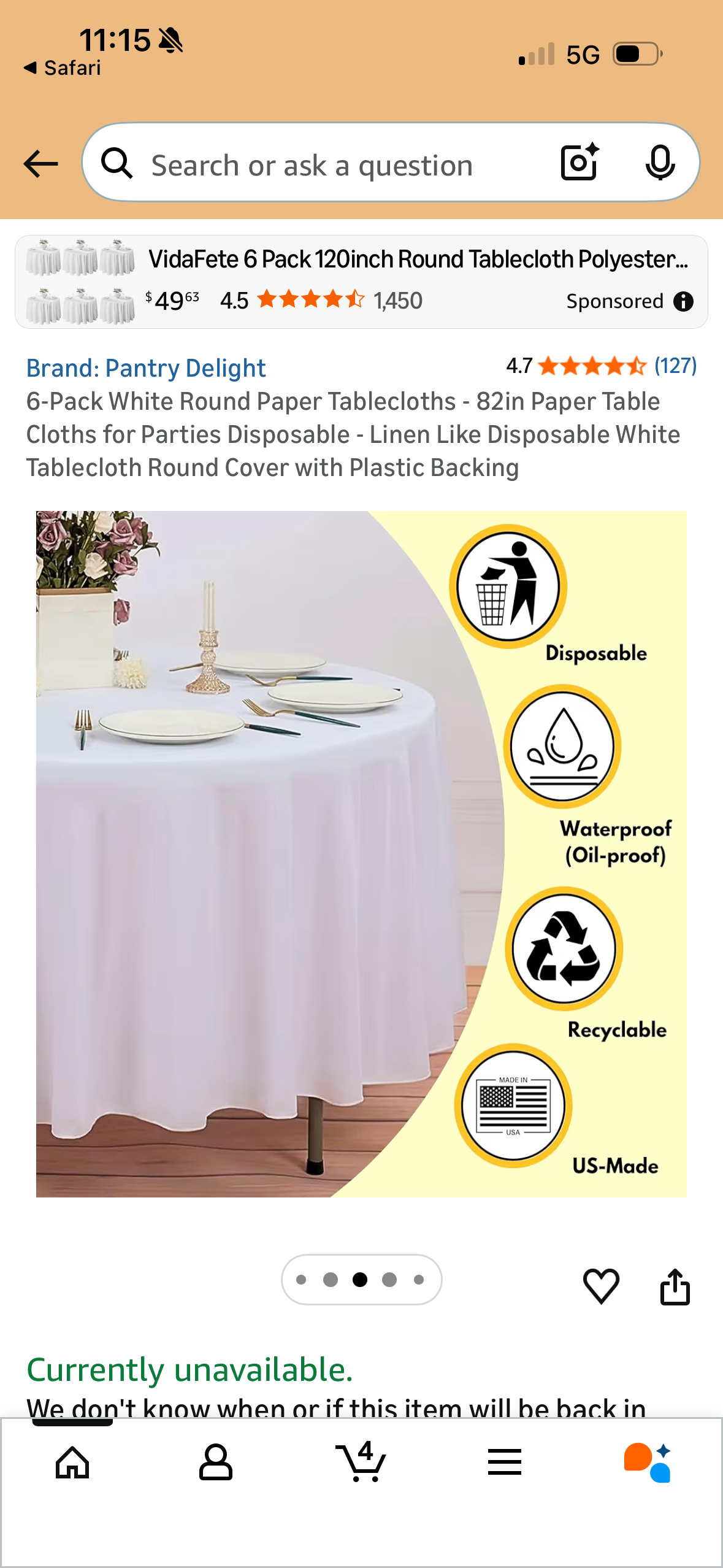 6-Pack White Round Paper Tablecloths - 82in Paper Table Cloths for Parties Disposable - Linen Like Disposable White Tablecloth Round Cover with Plastic Backing