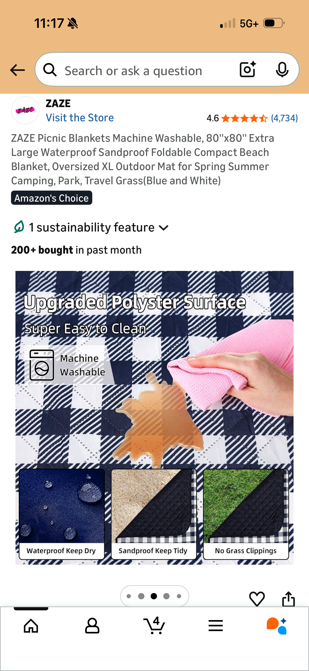 ZAZE Picnic Blankets Machine Washable, 80''x80'' Extra Large Waterproof Sandproof Foldable Compact Beach Blanket, Oversized XL Outdoor Mat for Spring Summer Camping, Park, Travel Grass(Blue and White)