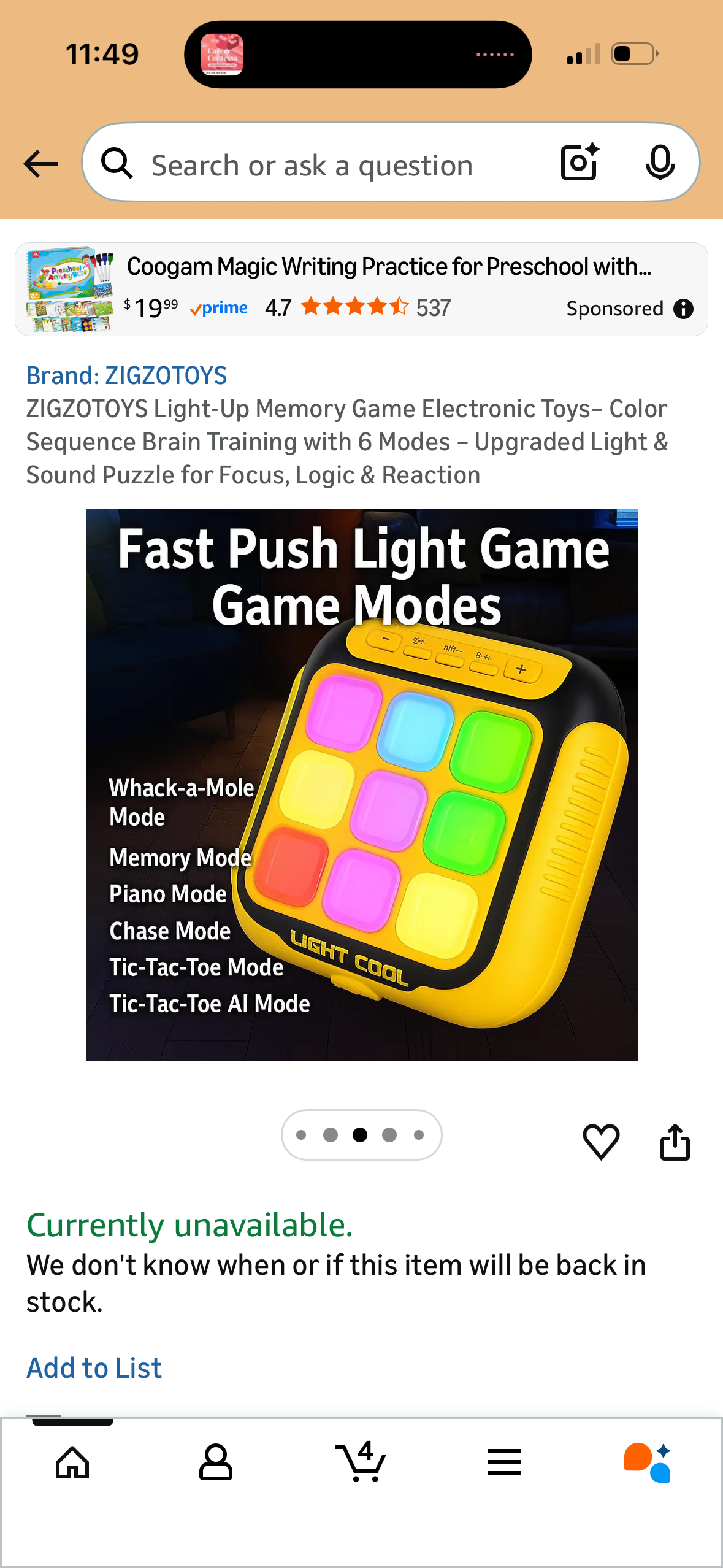 ZIGZOTOYS Light-Up Memory Game Electronic Toys– Color Sequence Brain Training with 6 Modes – Upgraded Light & Sound Puzzle for Focus, Logic & Reaction