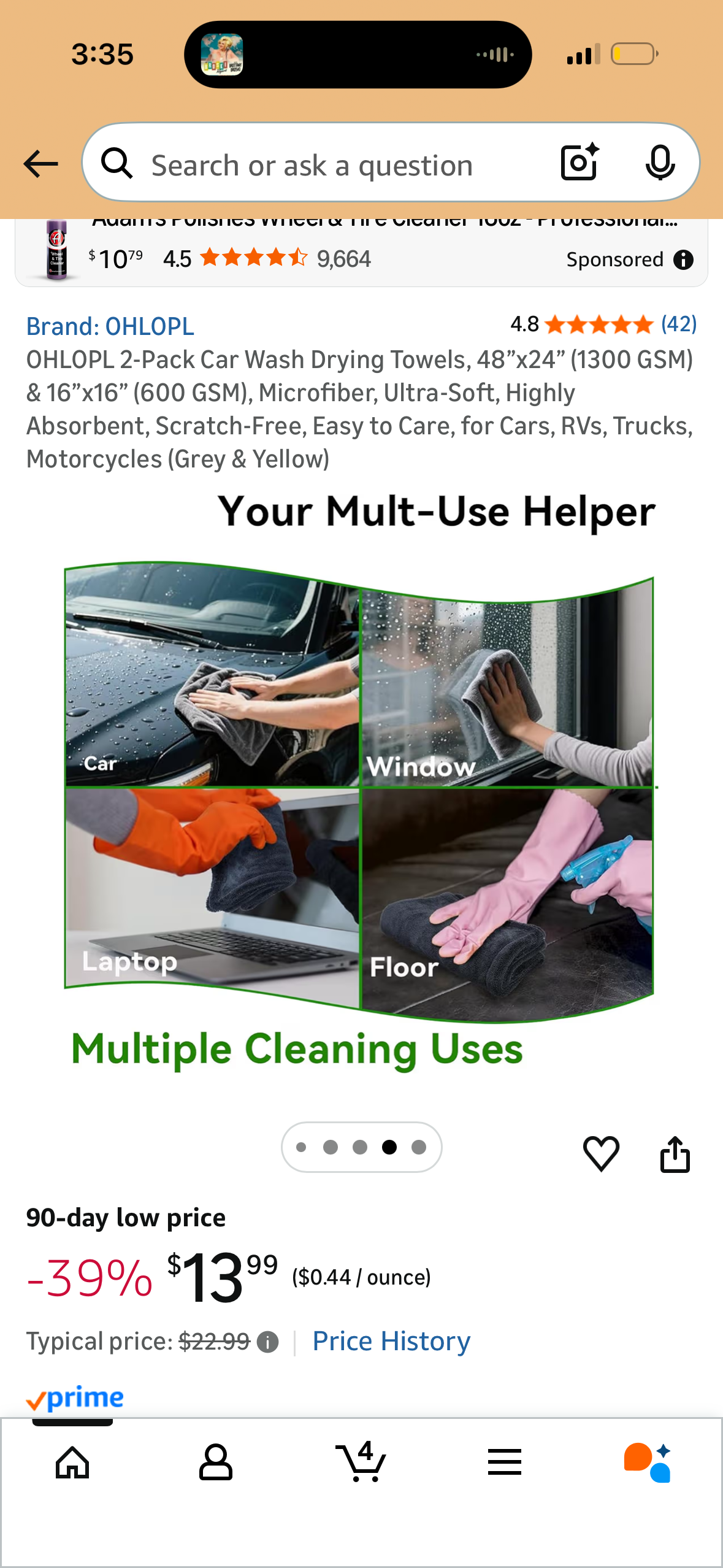 2-Pack Car Wash Drying Towels, 48”x24” (1300 GSM) & 16”x16” (600 GSM), Microfiber, Ultra-Soft, Highly Absorbent, Scratch-Free, Easy to Care, for Cars, RVs, Trucks, Motorcycles (Grey & Yellow)