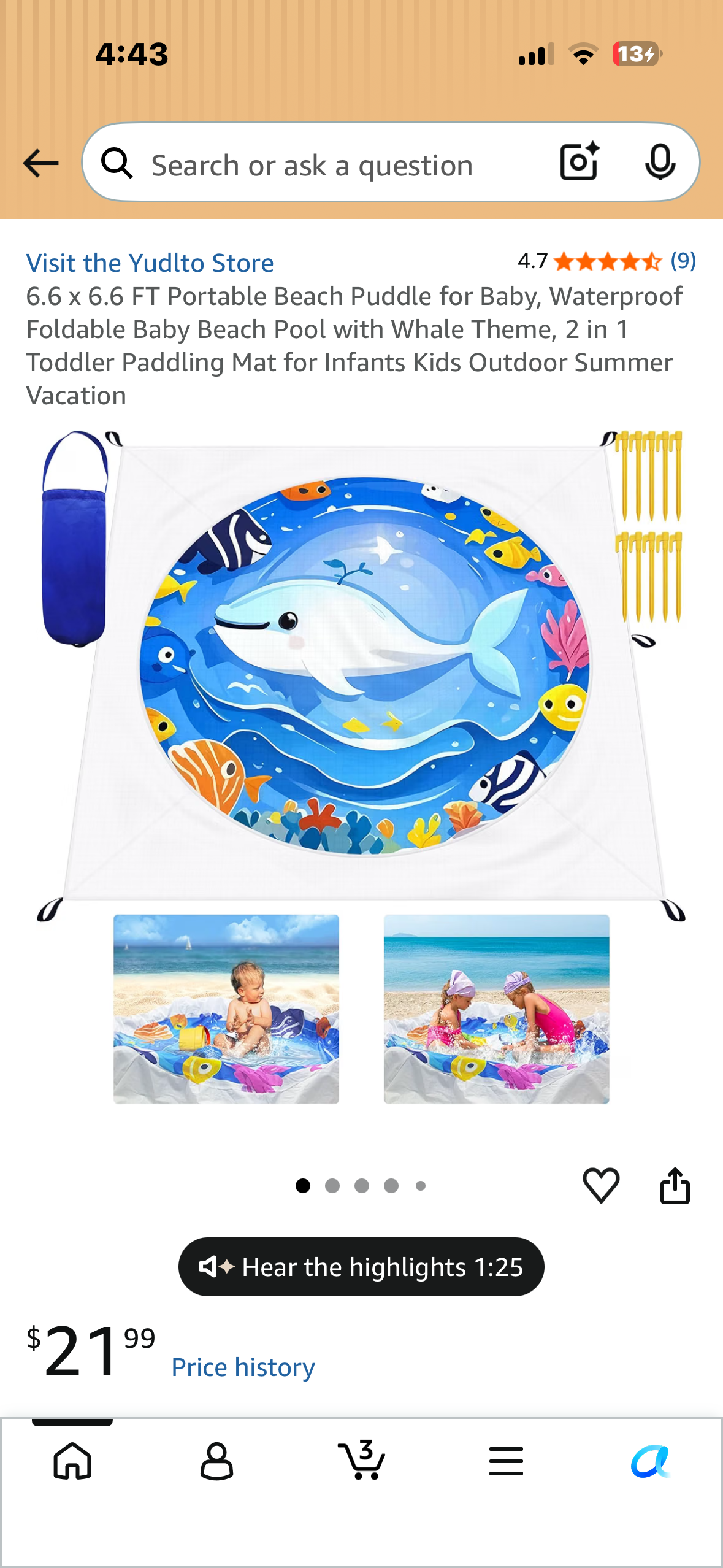 6.6 x 6.6 FT Portable Beach Puddle for Baby, Waterproof Foldable Baby Beach Pool with Whale Theme, 2 in 1 Toddler Paddling Mat for Infants Kids Outdoor Summer Vacation