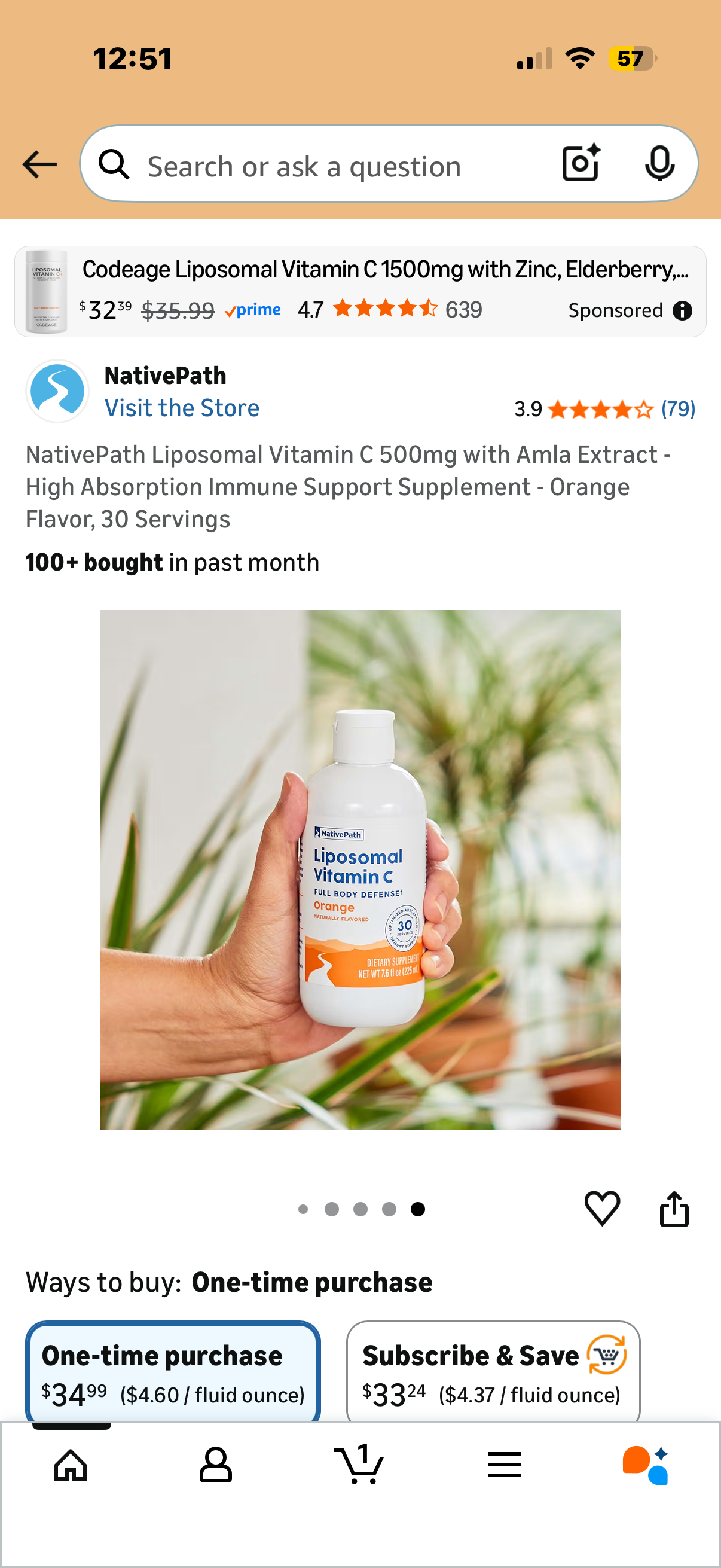 NativePath Liposomal Vitamin C 500mg with Amla Extract - High Absorption Immune Support Supplement - Orange Flavor, 30 Servings