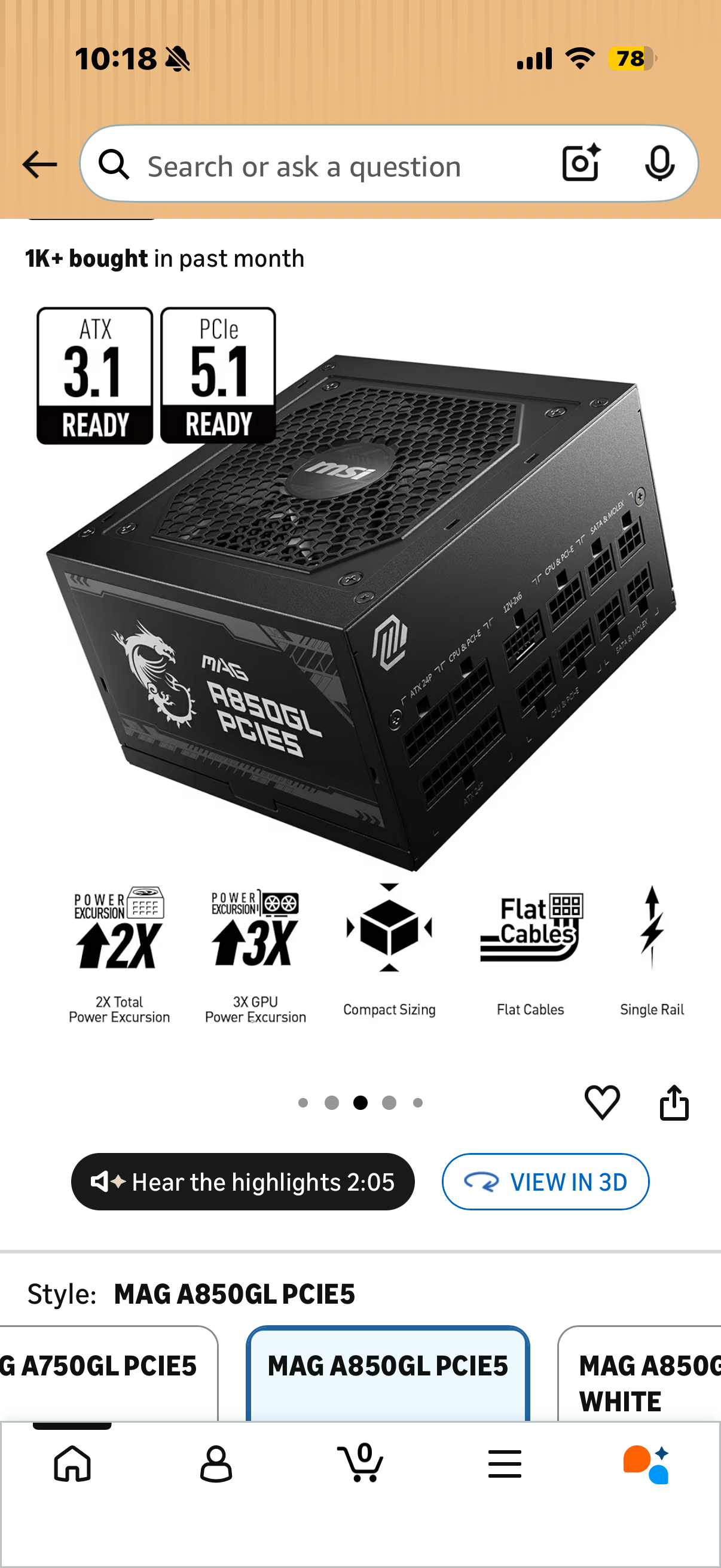 MSI MAG A850GL PCIE5, Fully Modular Compact Gaming 850W Power Supply, 80+ Gold, ATX 3.1 & PCIe 5.1 Ready, Native Dual-Color 12V-2x6 Cable, 10 Year Warranty