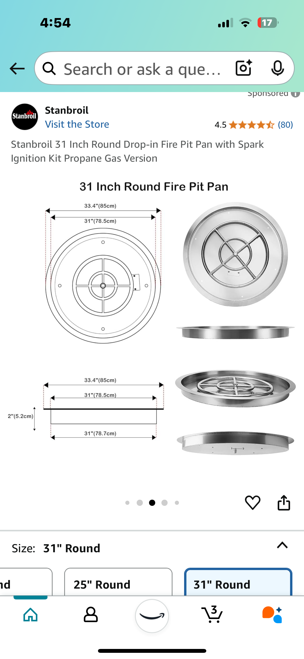 New - Stanbroil 31 Inch Round Drop-in Fire Pit Pan with Spark Ignition Kit -Propane Gas Version (G417)