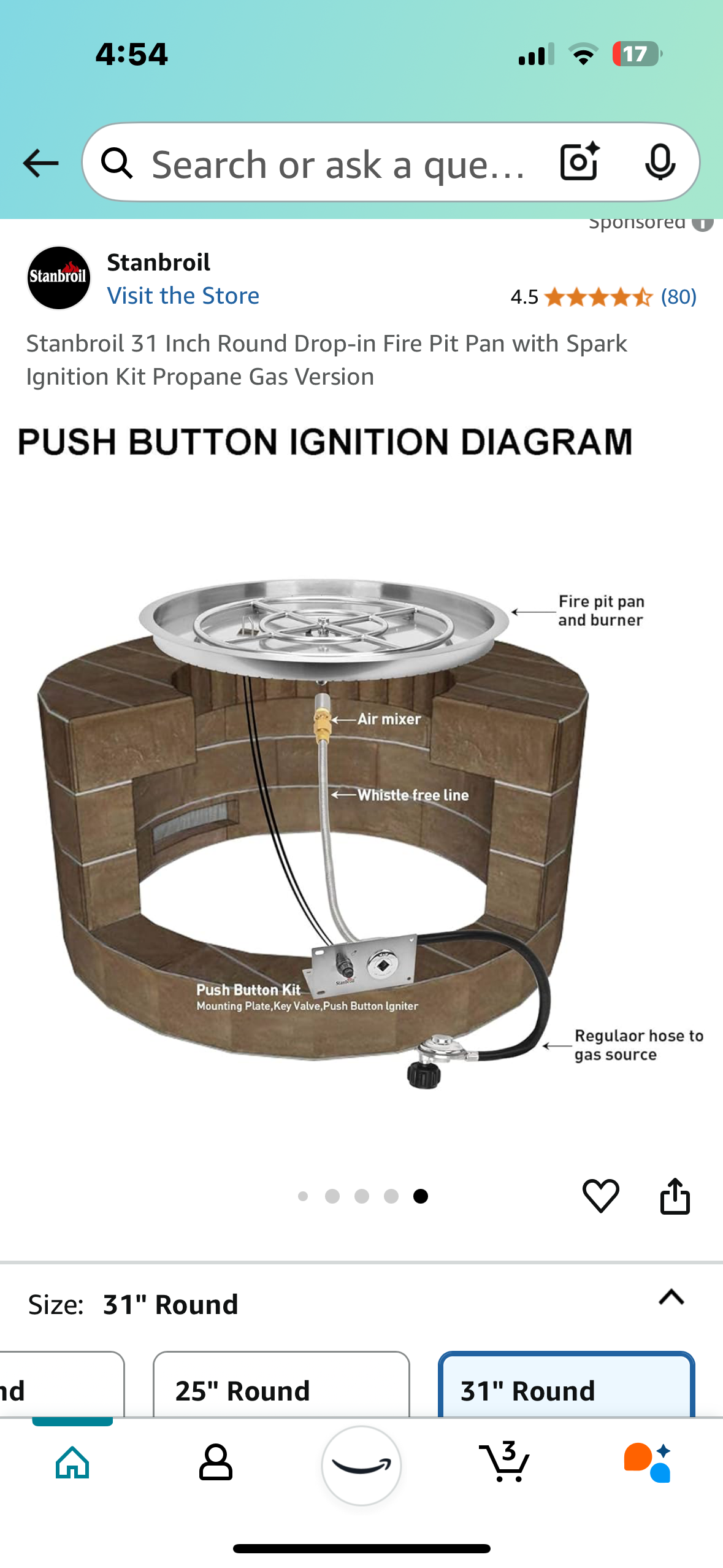 New - Stanbroil 31 Inch Round Drop-in Fire Pit Pan with Spark Ignition Kit -Propane Gas Version (G417)