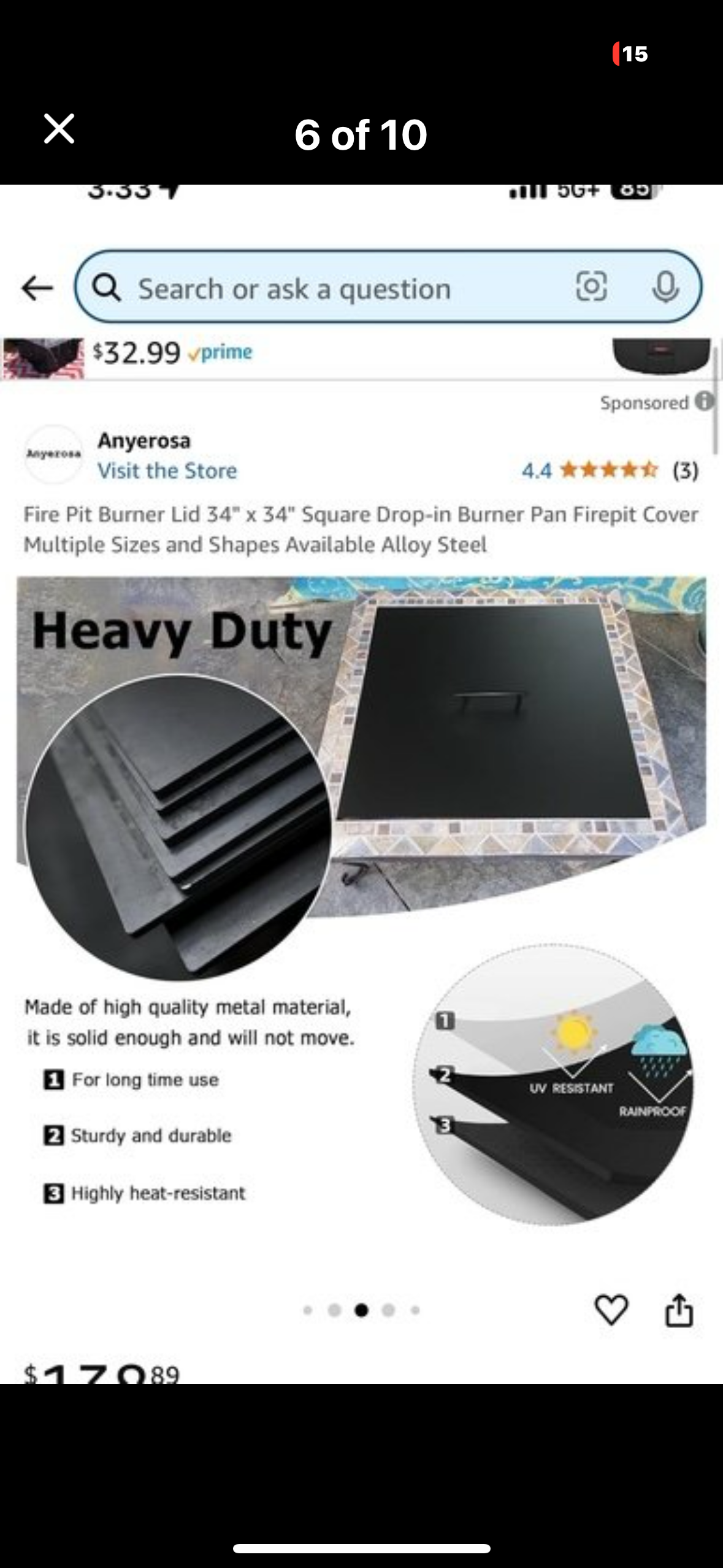 New - Fire Pit Burner Lid 34”x 34" Drop-in (G452)