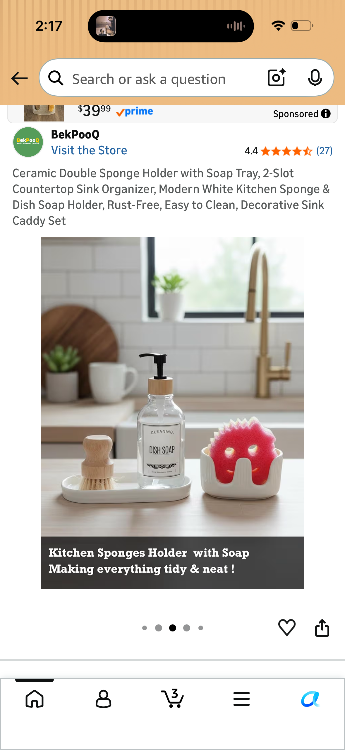 Ceramic Double Sponge Holder with Soap Tray, 2-Slot Countertop Sink Organizer, Modern White Kitchen Sponge & Dish Soap Holder, Rust-Free, Easy to Clean, Decorative Sink Caddy Set