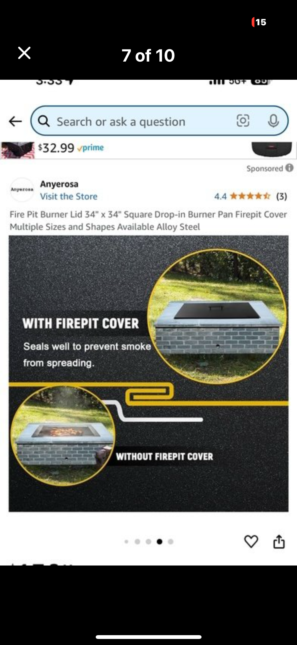New - Fire Pit Burner Lid 34”x 34" Drop-in (G452)