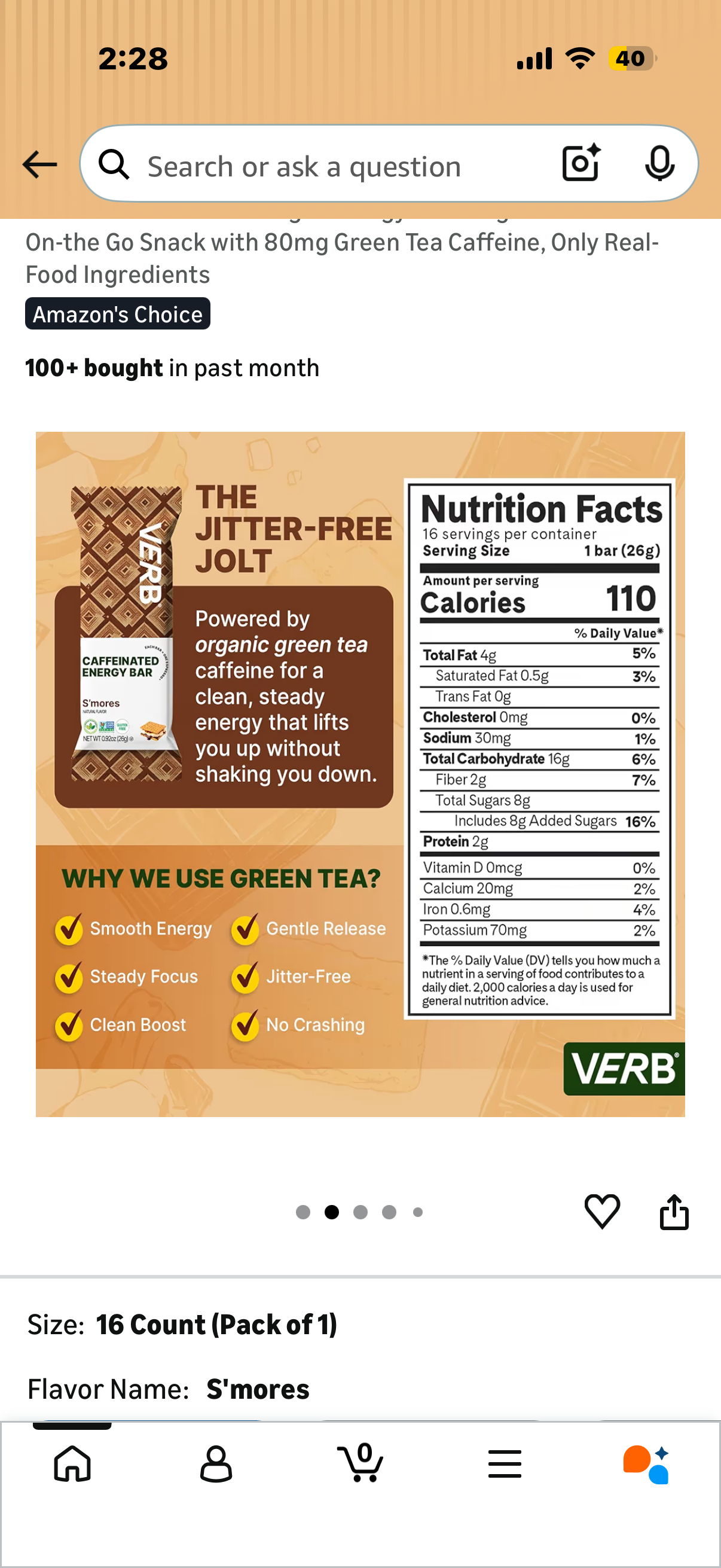 Verb Caffeinated Energy Bars S'mores (26g, Pack of 16) 110-Calorie Delicious Low Sugar Energy Bar - Vegan Gluten Free On-the Go Snack with 80mg Green Tea Caffeine, Only Real-Food Ingredients