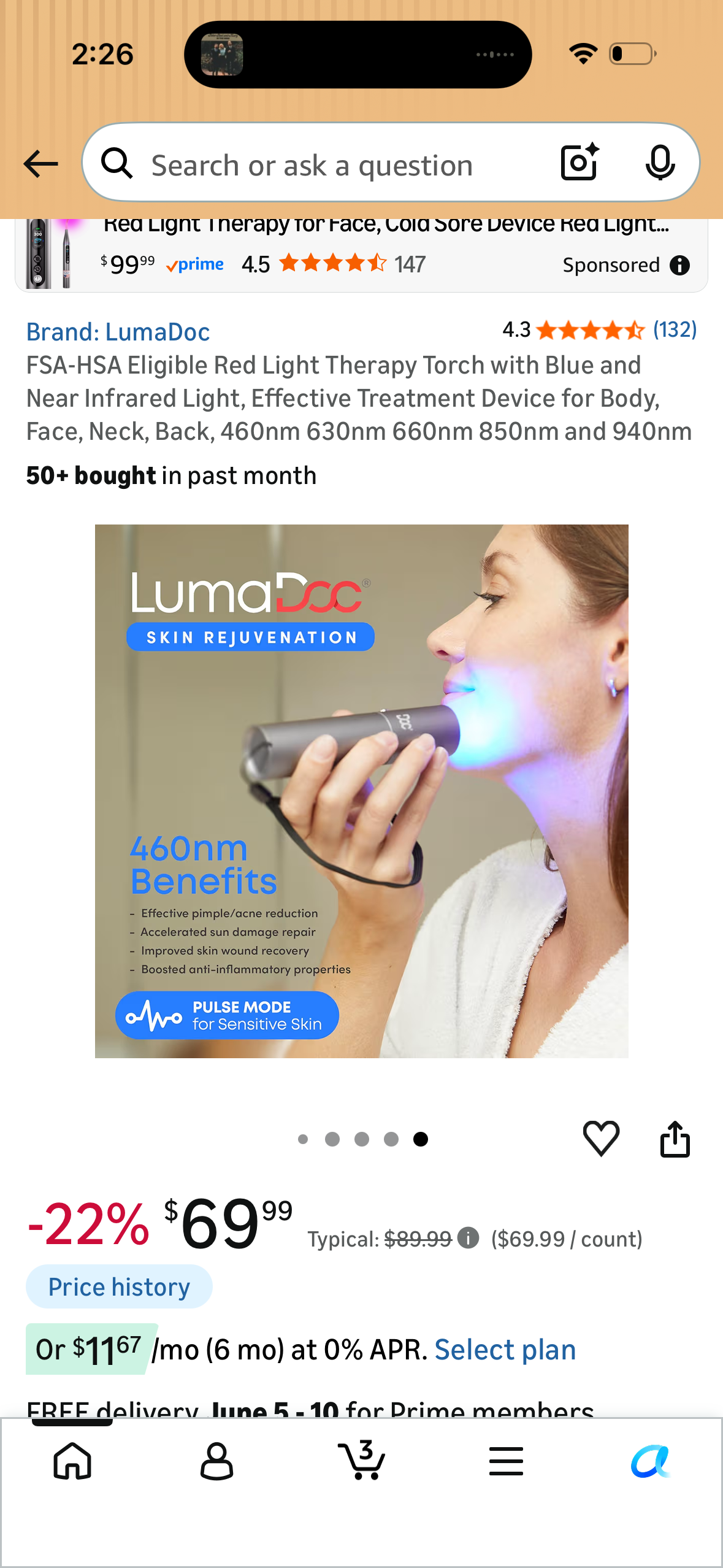Red Light Therapy Torch with Blue and Near Infrared Light, Effective Treatment Device for Body, Face, Neck, Back, 460nm 630nm 660nm 850nm and 940nm