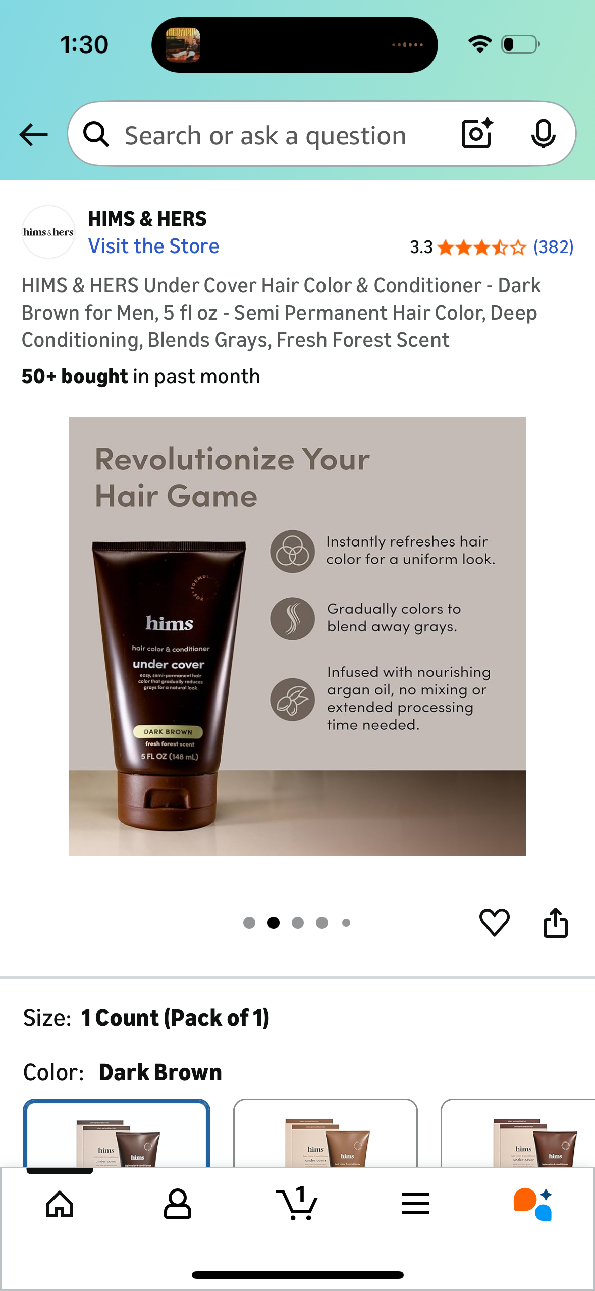 HIMS & HERS Under Cover Hair Color & Conditioner - Dark Brown for Men, 5 fl oz - Semi Permanent Hair Color, Deep Conditioning, Blends Grays, Fresh Forest Scent