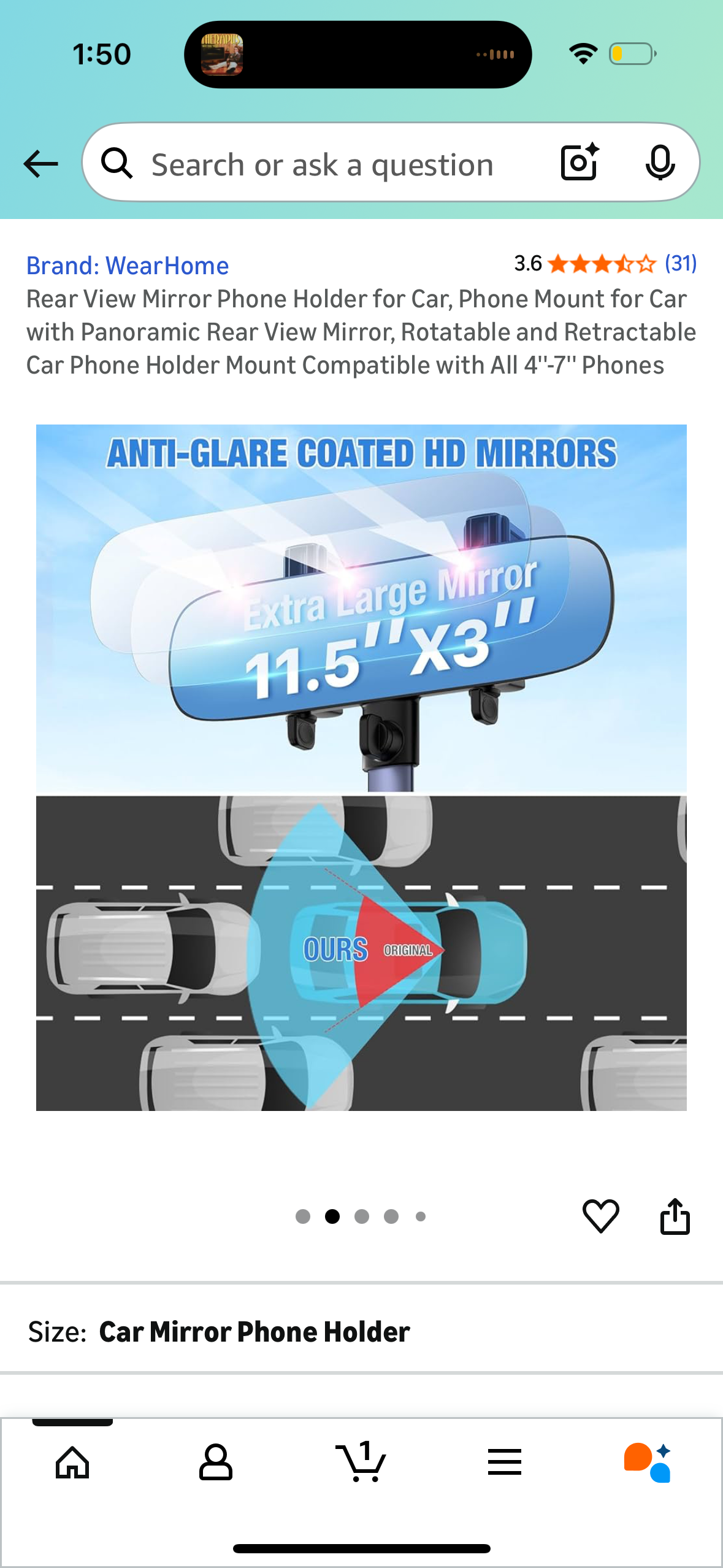 Rear View Mirror Phone Holder for Car, Phone Mount for Car with Panoramic Rear View Mirror, Rotatable and Retractable Car Phone Holder Mount Compatible with All 4"-7"' Phones