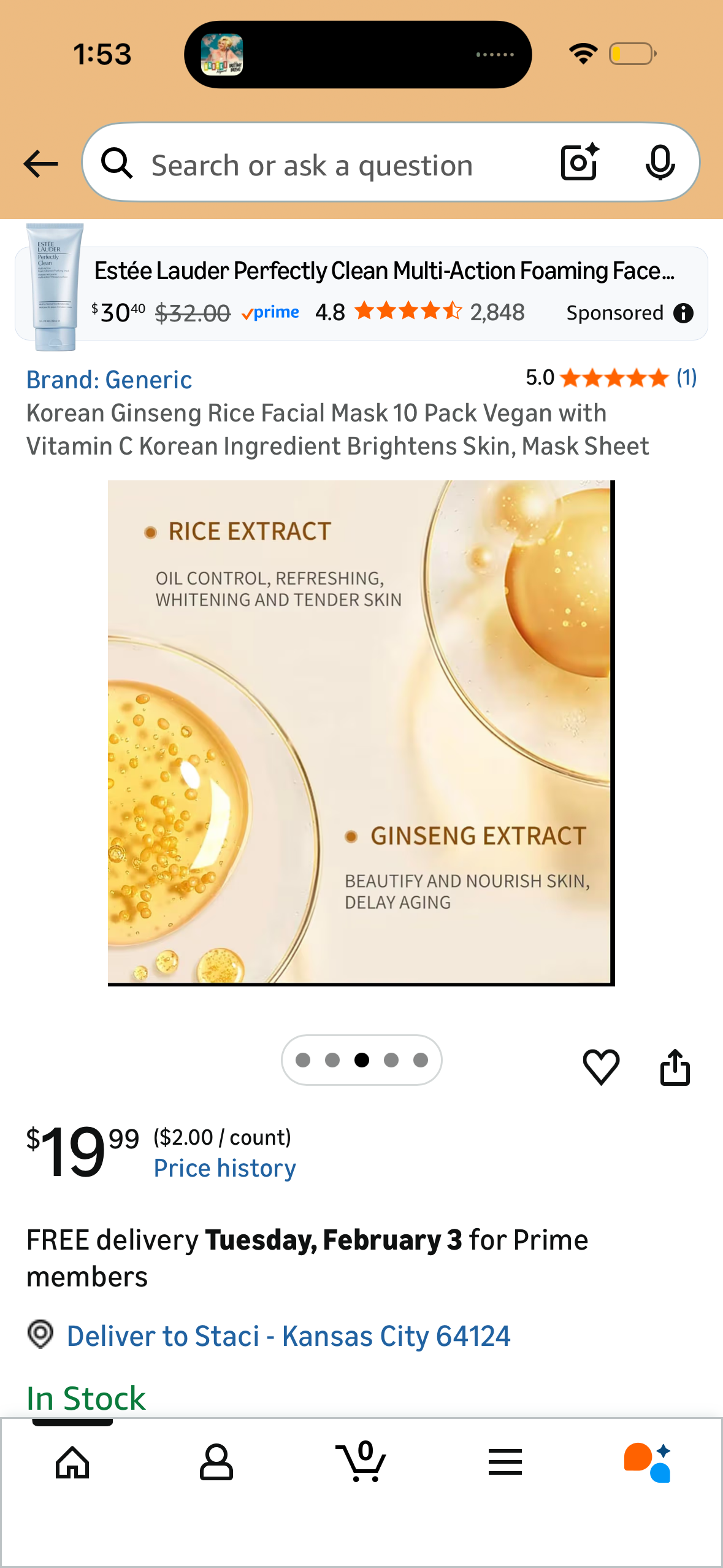 Korean Ginseng Rice Facial Mask 10 Pack Vegan with Vitamin C Korean Ingredient Brightens Skin, Mask Sheet