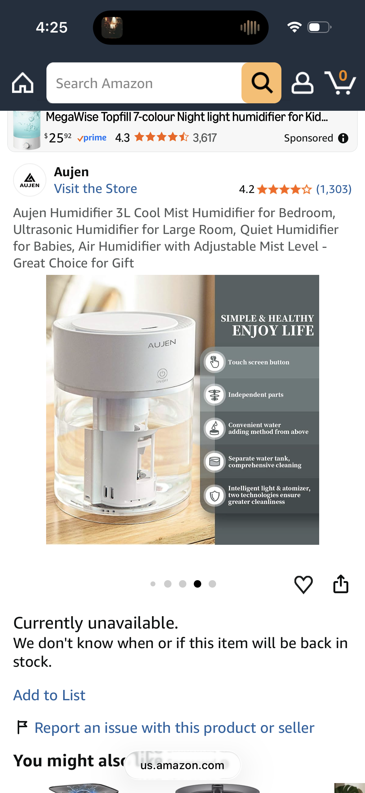 Aujen Humidifier 3L Cool Mist Humidifier for Bedroom, Ultrasonic Humidifier for Large Room, Quiet Humidifier for Babies, Air Humidifier with Adjustable Mist Level - Great Choice for Gift