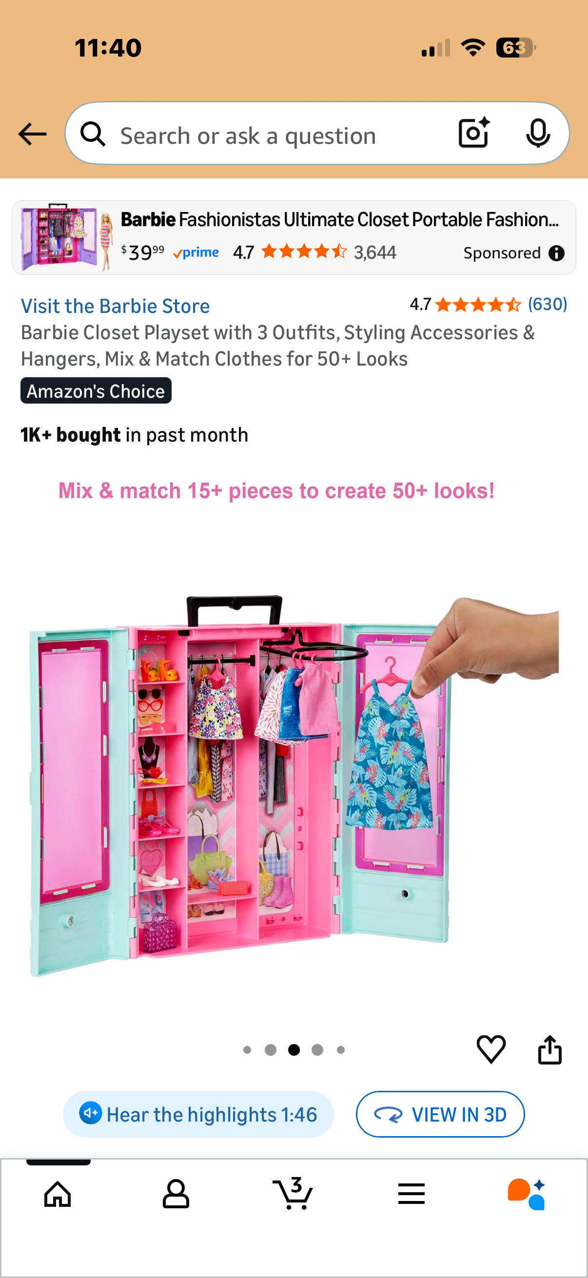 Barbie Closet Playset with 3 Outfits, Styling Accessories & Hangers, Mix & Match Clothes for 50+ Looks