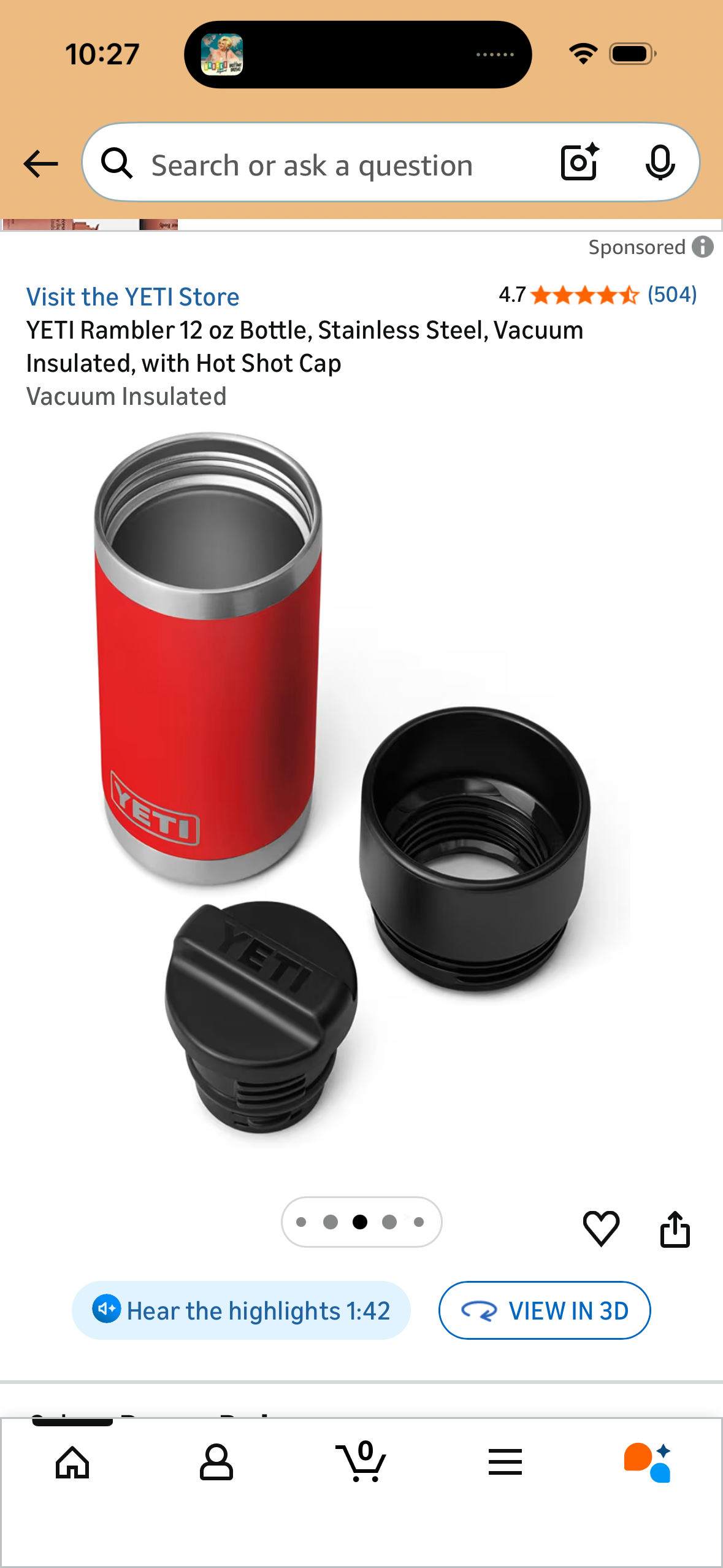 YETI Rambler 12 oz Bottle, Stainless Steel, Vacuum Insulated, with Hot Shot Cap