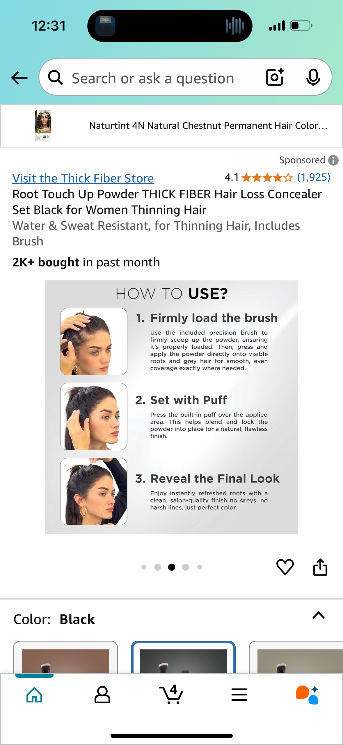 Root Touch Up Powder THICK FIBER Hair Loss Concealer Set Black for Women Thinning Hair Water & Sweat Resistant, for Thinning Hair, Includes Brush