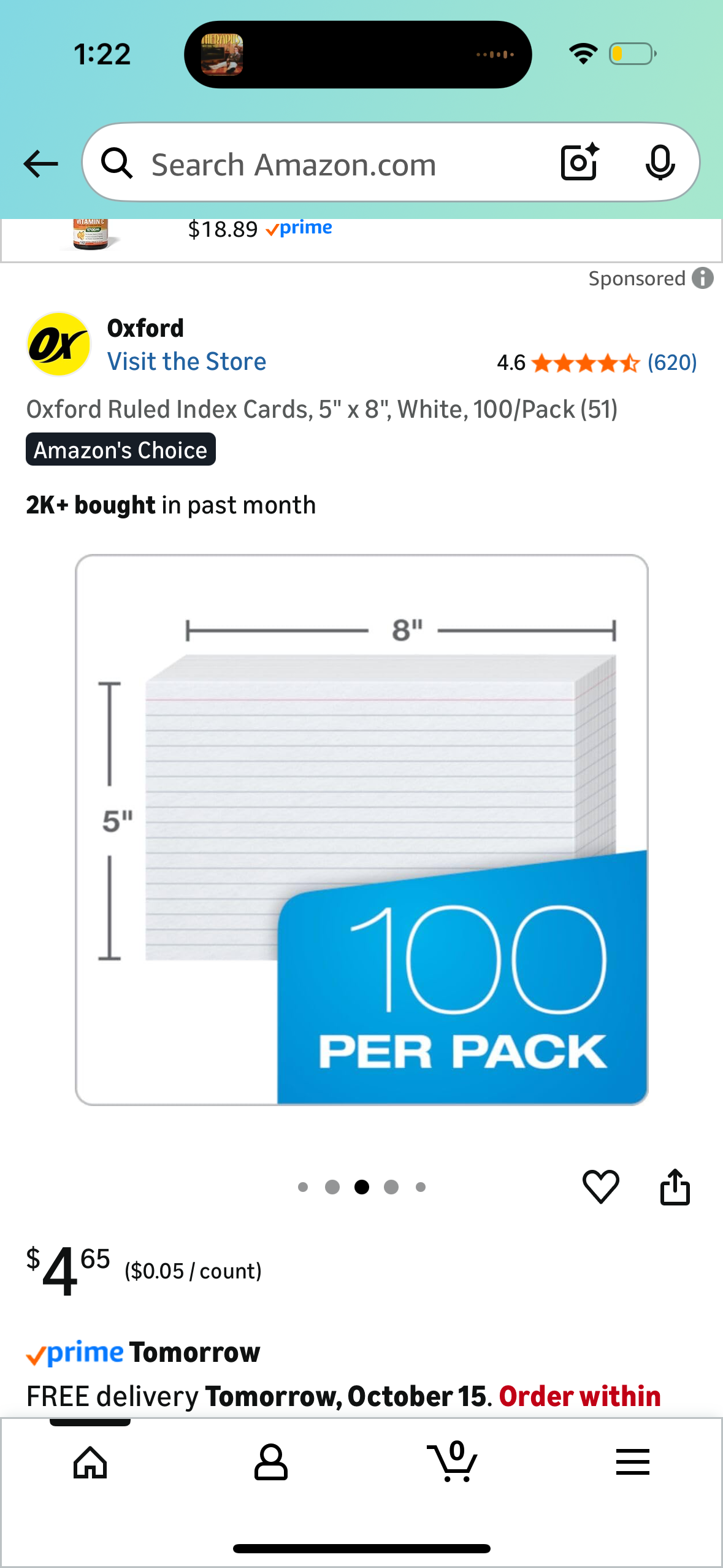 Oxford Ruled Index Cards, 5" x 8", White, 100/Pack