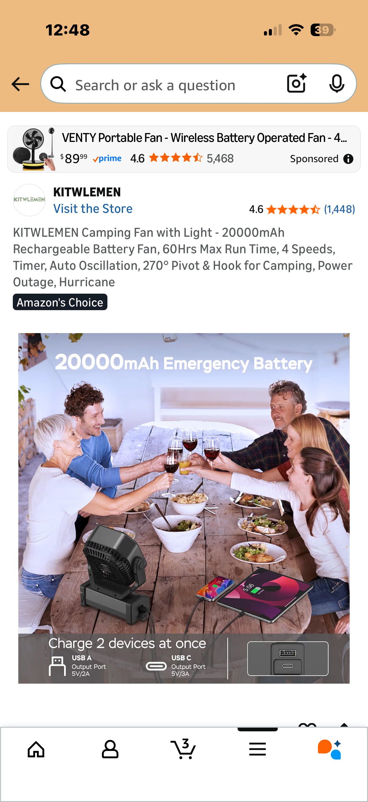 KITWLEMEN Camping Fan with Light - 20000mAh Rechargeable Battery Fan, 60Hrs Max Run Time, 4 Speeds, Timer, Auto Oscillation, 270° Pivot & Hook for Camping, Power Outage, Hurricane