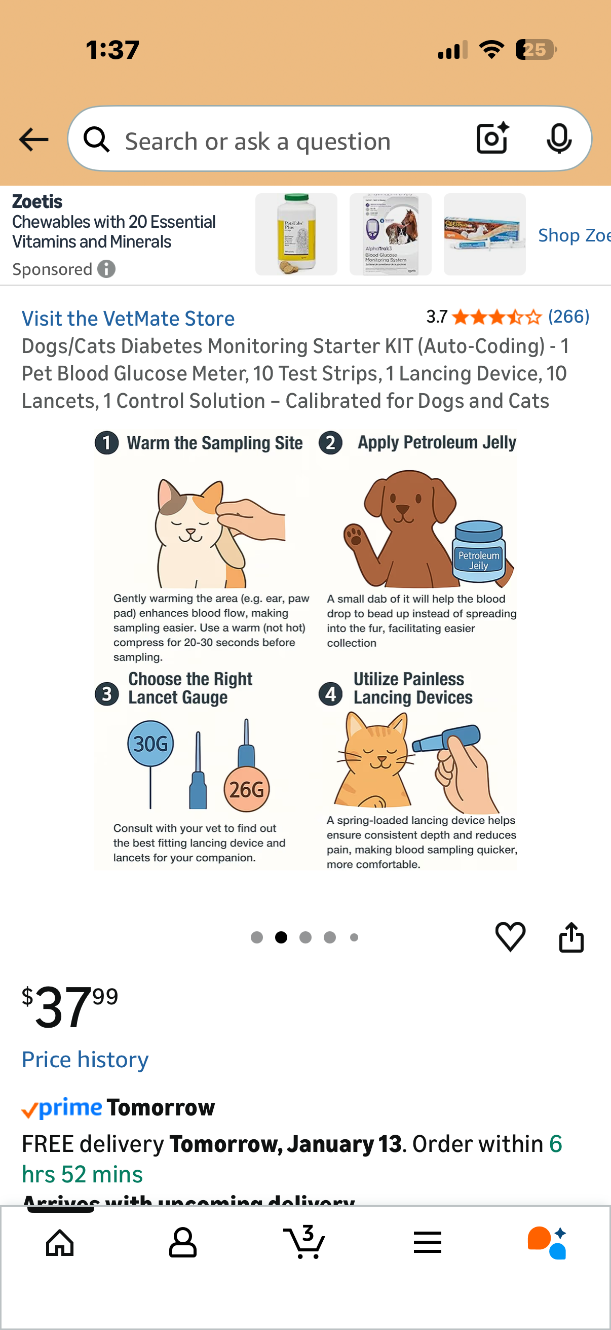 Dogs/Cats Diabetes Monitoring Starter KIT (Auto-Coding) - 1 Pet Blood Glucose Meter, 10 Test Strips, 1 Lancing Device, 10 Lancets, 1 Control Solution – Calibrated for Dogs and Cats