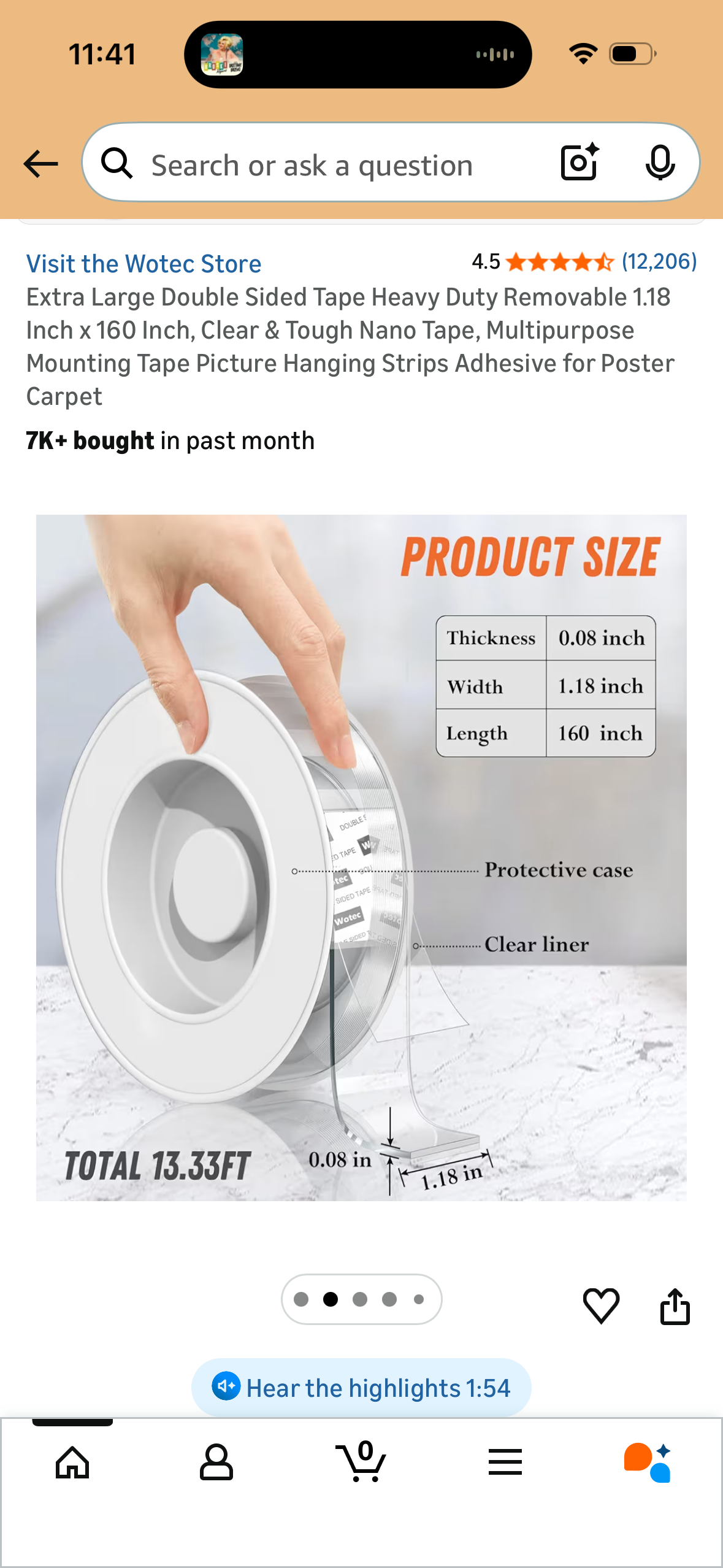 Extra Large Double Sided Tape Heavy Duty Removable 1.18 Inch x 160 Inch, Clear & Tough Nano Tape, Multipurpose Mounting Tape Picture Hanging Strips Adhesive for Poster Carpet