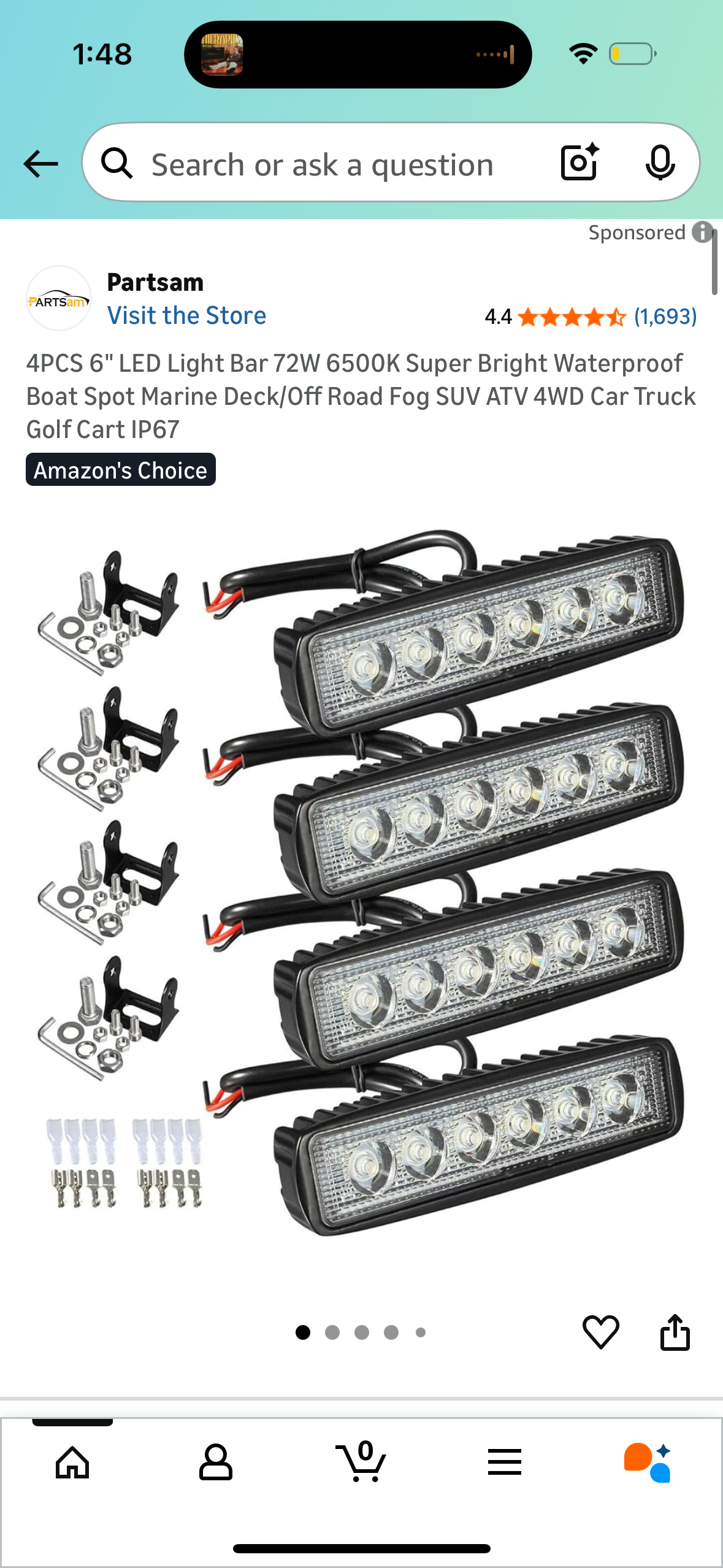 4PCS 6" LED Light Bar 72W 6500K Super Bright Waterproof Boat Spot Marine Deck/Off Road Fog SUV ATV 4WD Car Truck Golf Cart IP67