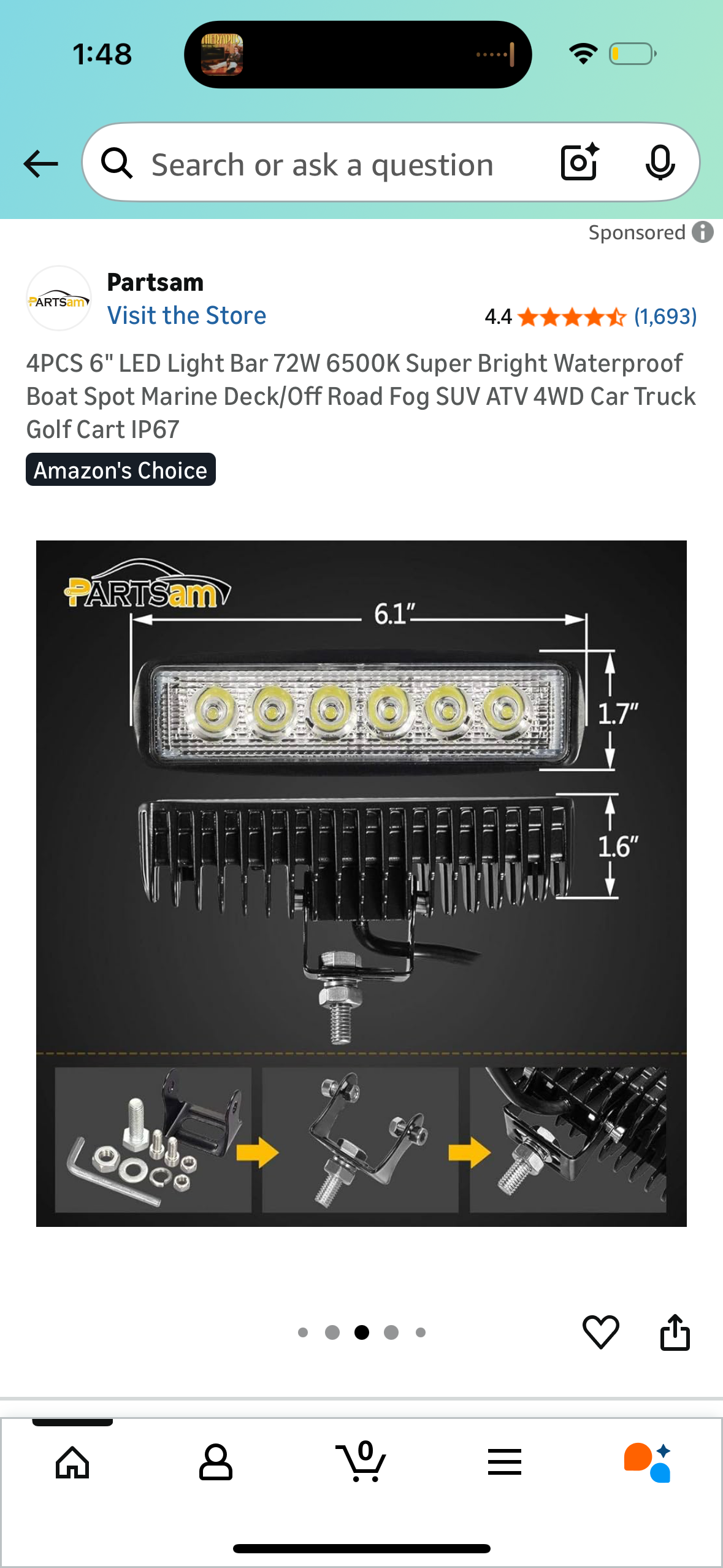 4PCS 6" LED Light Bar 72W 6500K Super Bright Waterproof Boat Spot Marine Deck/Off Road Fog SUV ATV 4WD Car Truck Golf Cart IP67