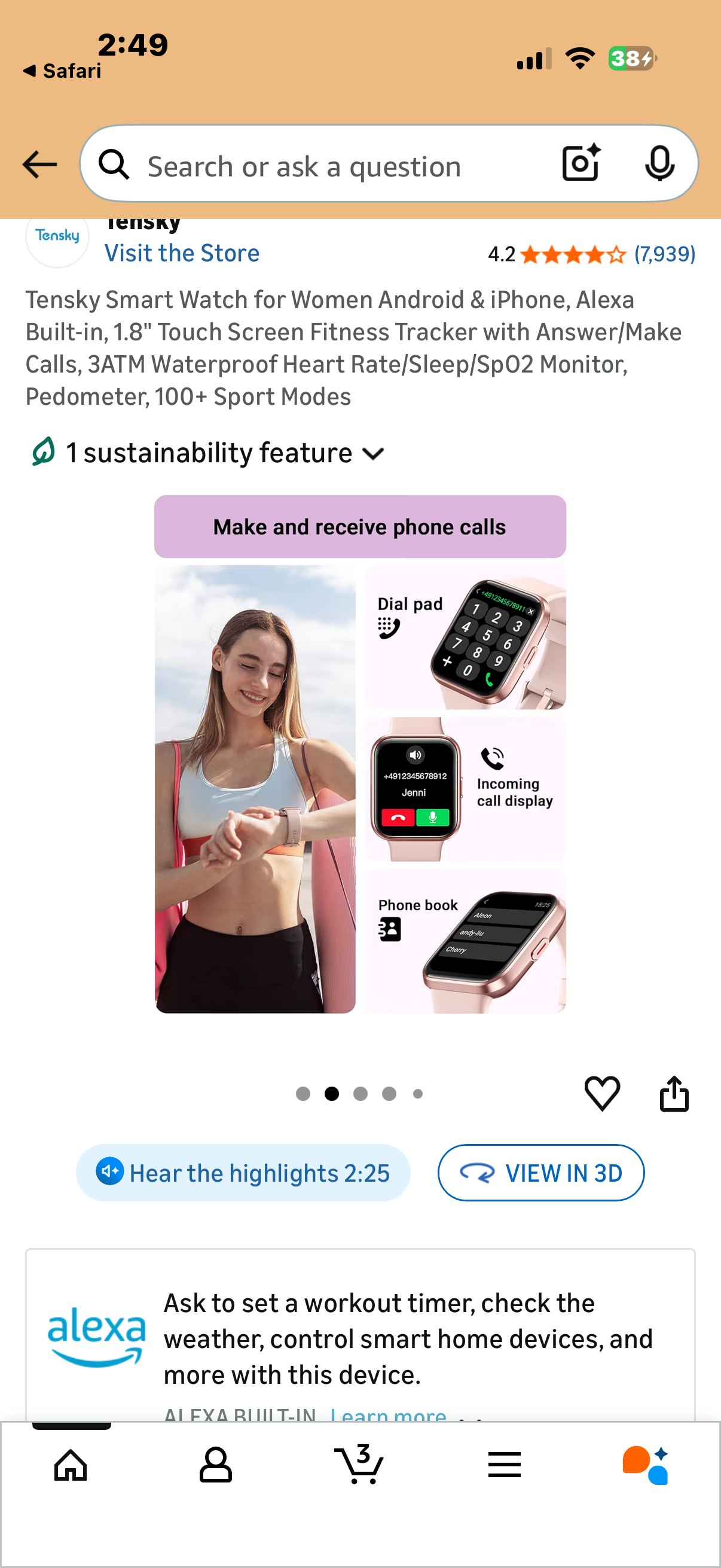 Tensky Smart Watch for Women Android & iPhone, Alexa Built-in, 1.8" Touch Screen Fitness Tracker with Answer/Make Calls, 3ATM Waterproof Heart Rate/Sleep/SpO2 Monitor, Pedometer, 100+ Sport Modes