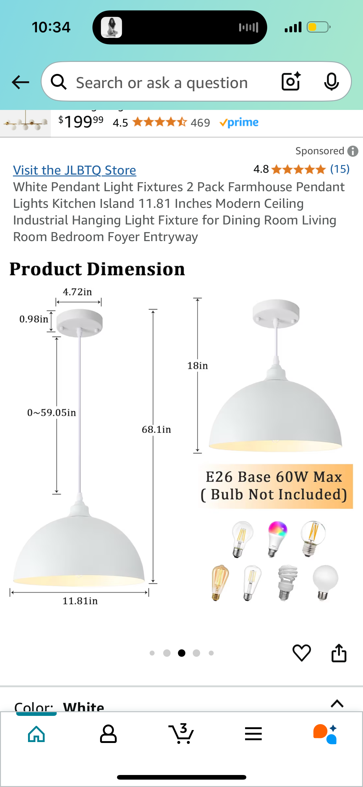 White Pendant Light Fixture *1 PACK*