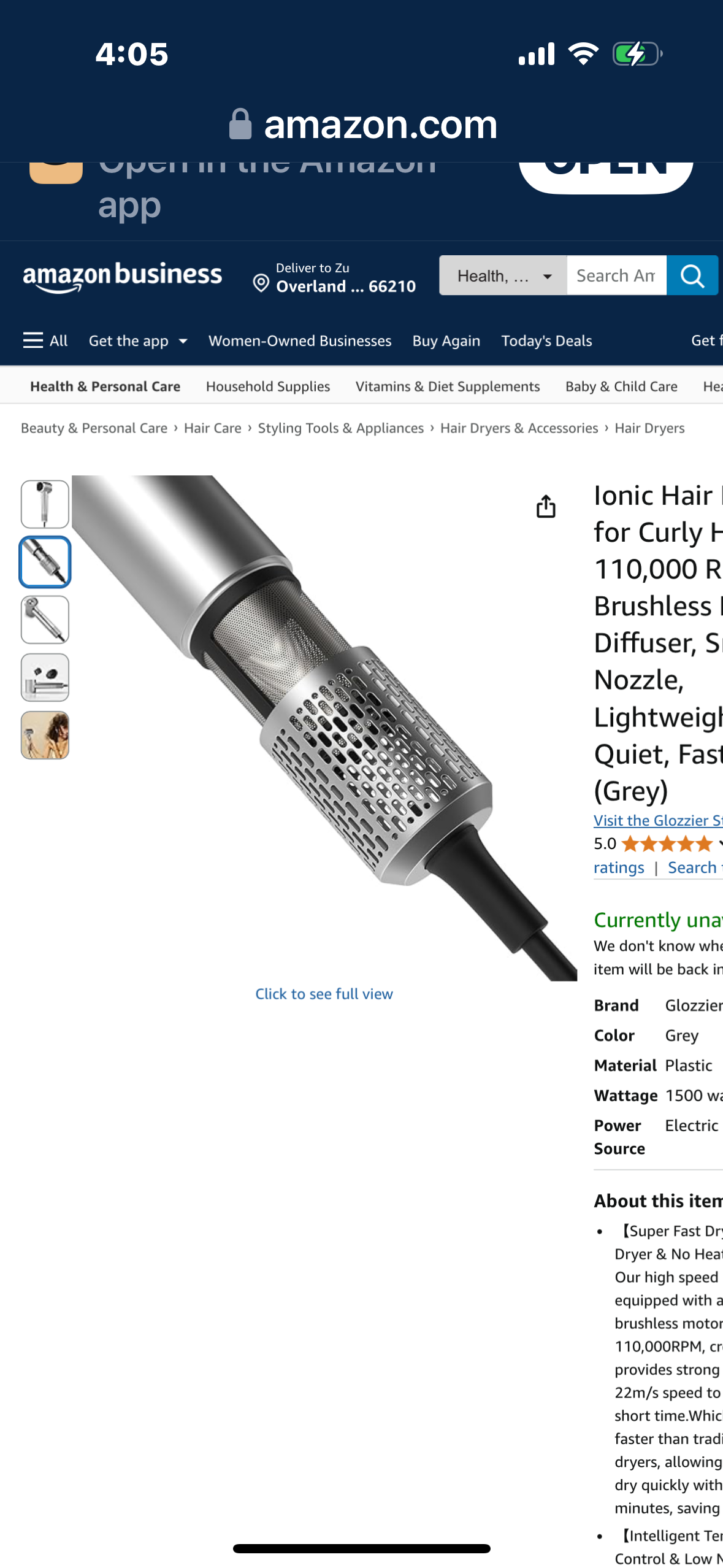 Glozzier Ionic Hair Dryer for Curly Hair, 110,000 RPM Brushless Motor, Diffuser, Smooth Nozzle, Lightweight & Quiet, Fast Dry (Grey)