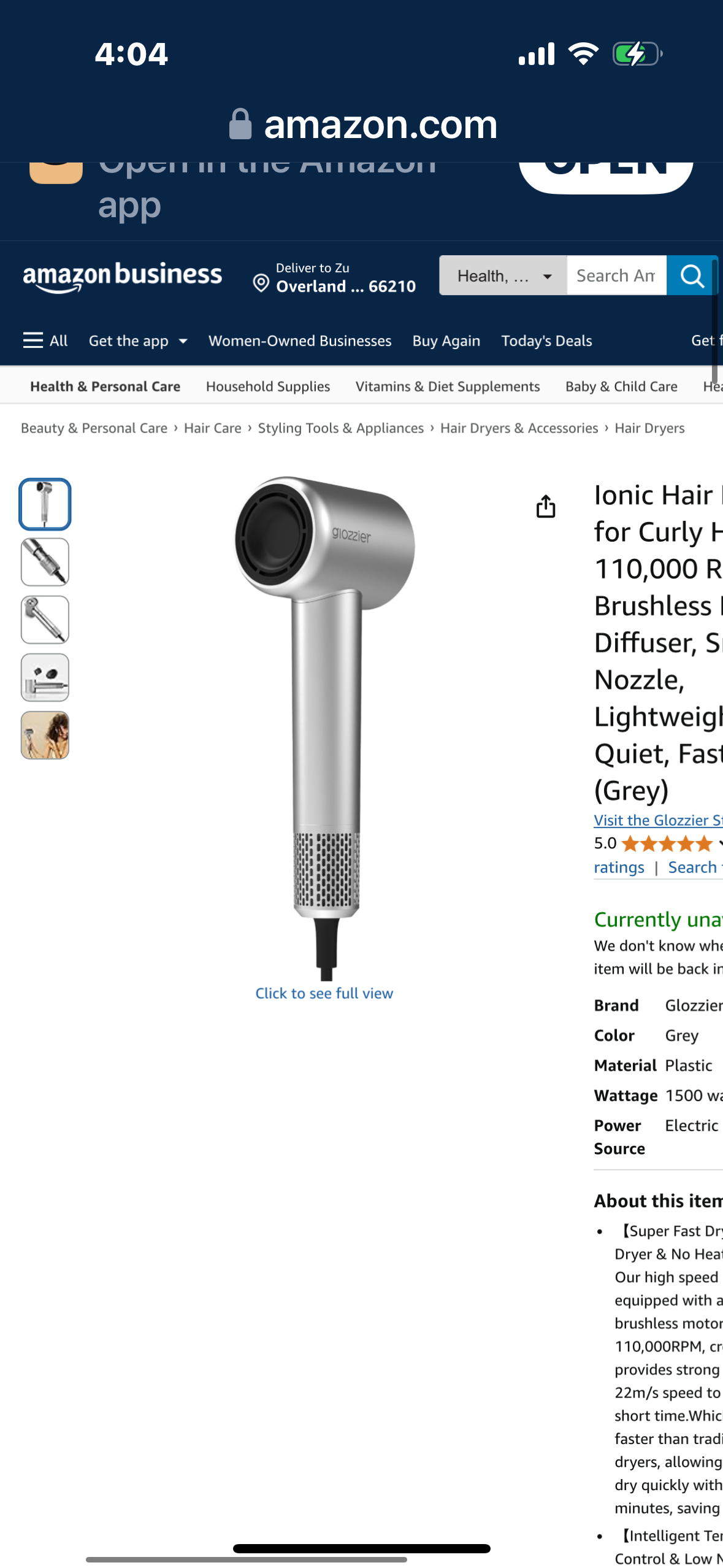 Glozzier Ionic Hair Dryer for Curly Hair, 110,000 RPM Brushless Motor, Diffuser, Smooth Nozzle, Lightweight & Quiet, Fast Dry (Grey)