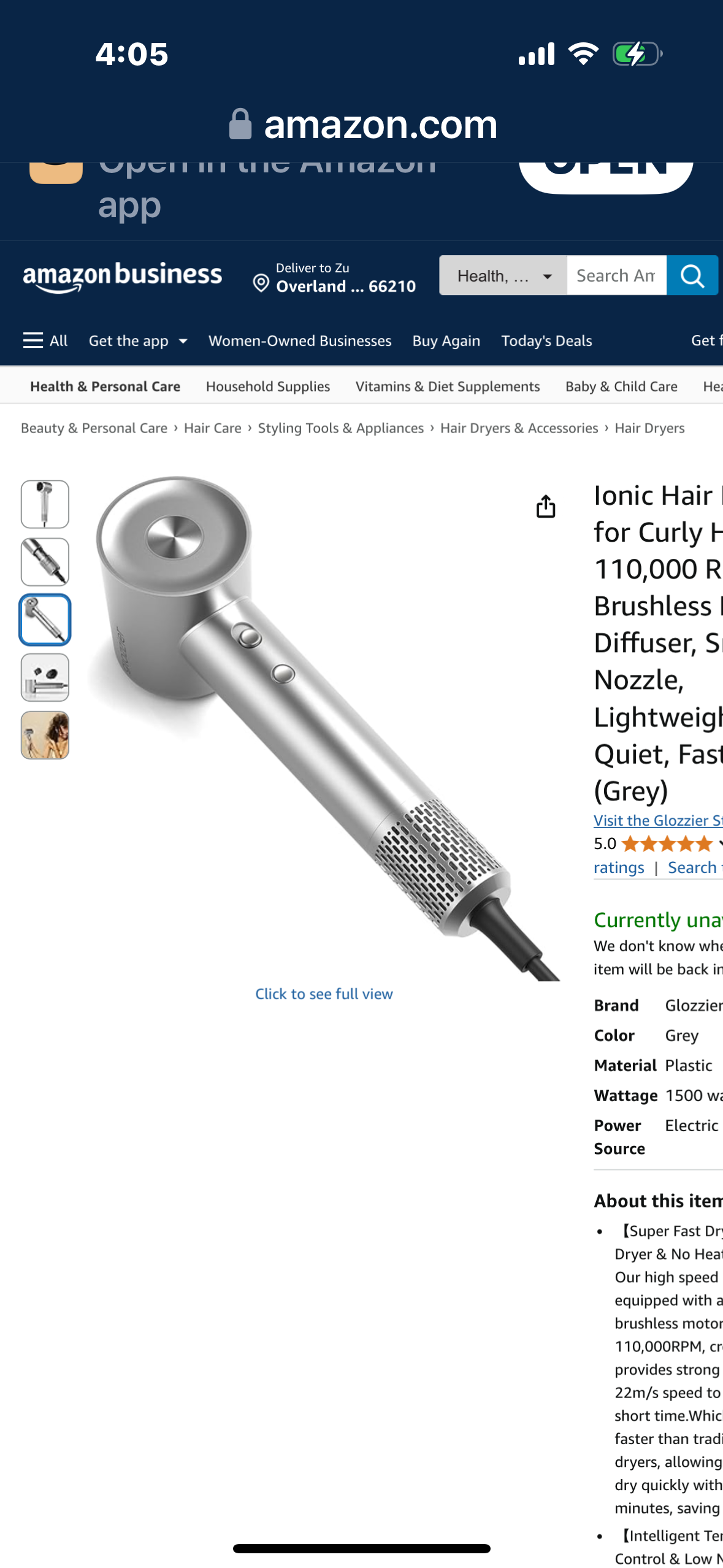 Glozzier Ionic Hair Dryer for Curly Hair, 110,000 RPM Brushless Motor, Diffuser, Smooth Nozzle, Lightweight & Quiet, Fast Dry (Grey)