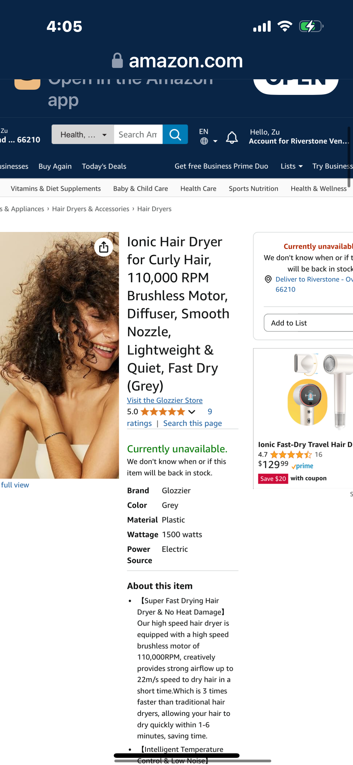 Glozzier Ionic Hair Dryer for Curly Hair, 110,000 RPM Brushless Motor, Diffuser, Smooth Nozzle, Lightweight & Quiet, Fast Dry (Grey)