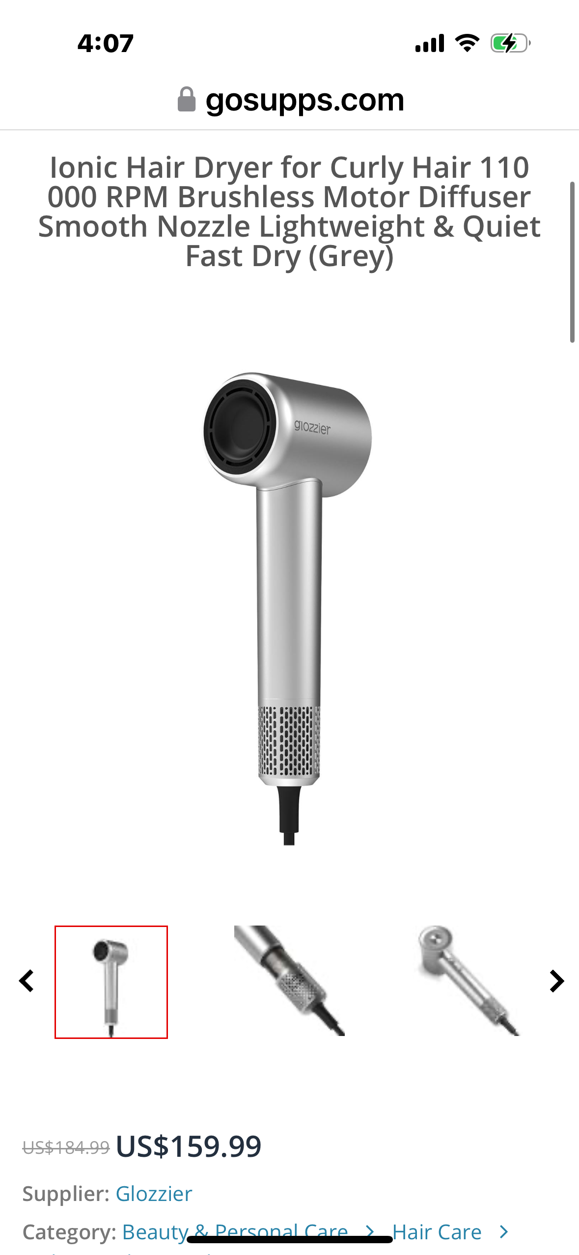 Glozzier Ionic Hair Dryer for Curly Hair, 110,000 RPM Brushless Motor, Diffuser, Smooth Nozzle, Lightweight & Quiet, Fast Dry (Grey)