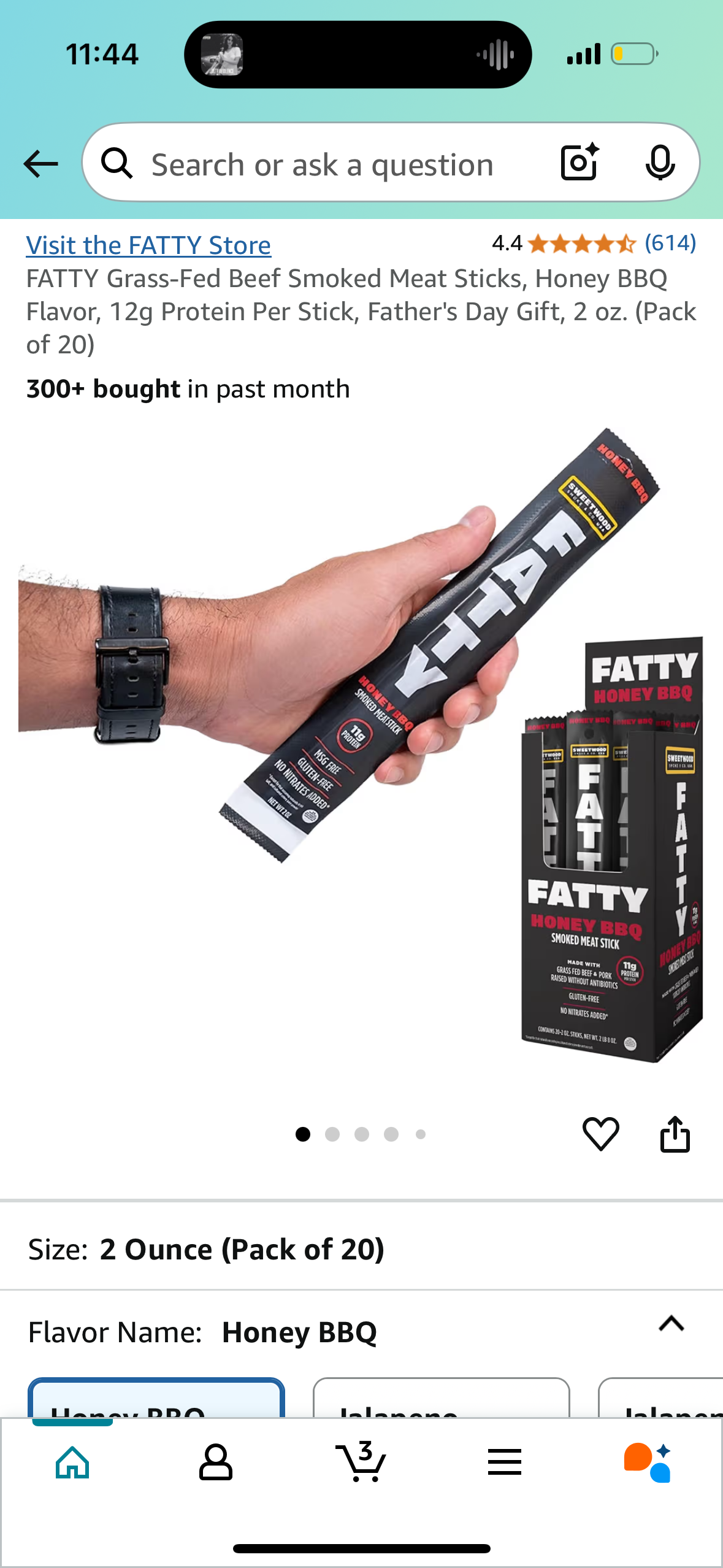 FATTY Grass-Fed Beef Smoked Meat Sticks, Honey BBQ Flavor, 12g Protein Per Stick, Father's Day Gift, 2 oz. (Pack of 20)