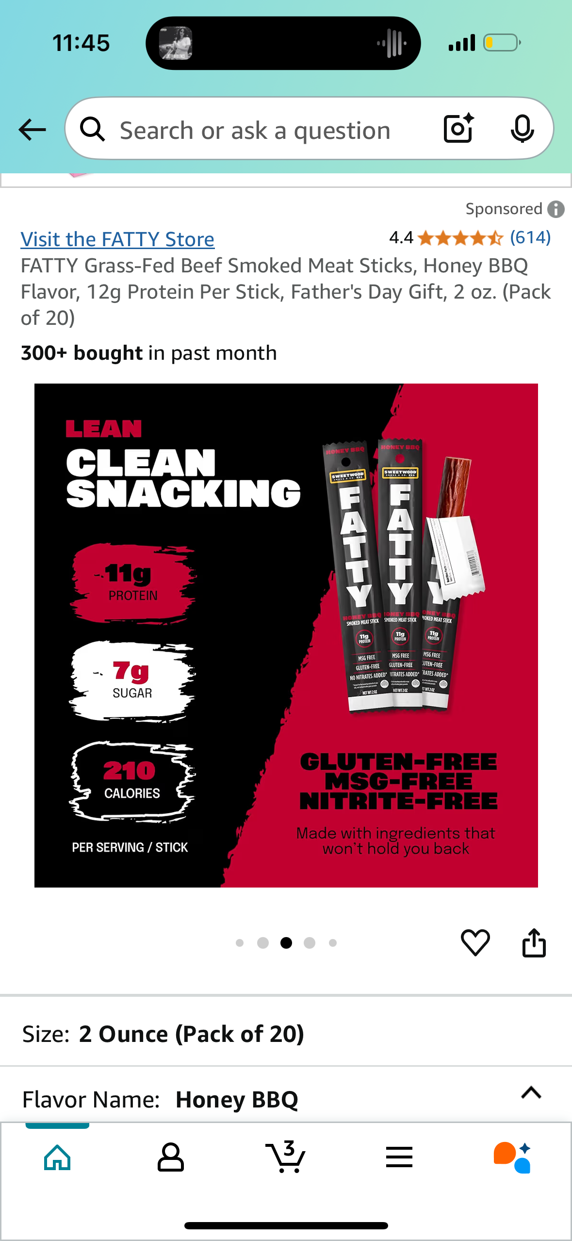 FATTY Grass-Fed Beef Smoked Meat Sticks, Honey BBQ Flavor, 12g Protein Per Stick, Father's Day Gift, 2 oz. (Pack of 20)
