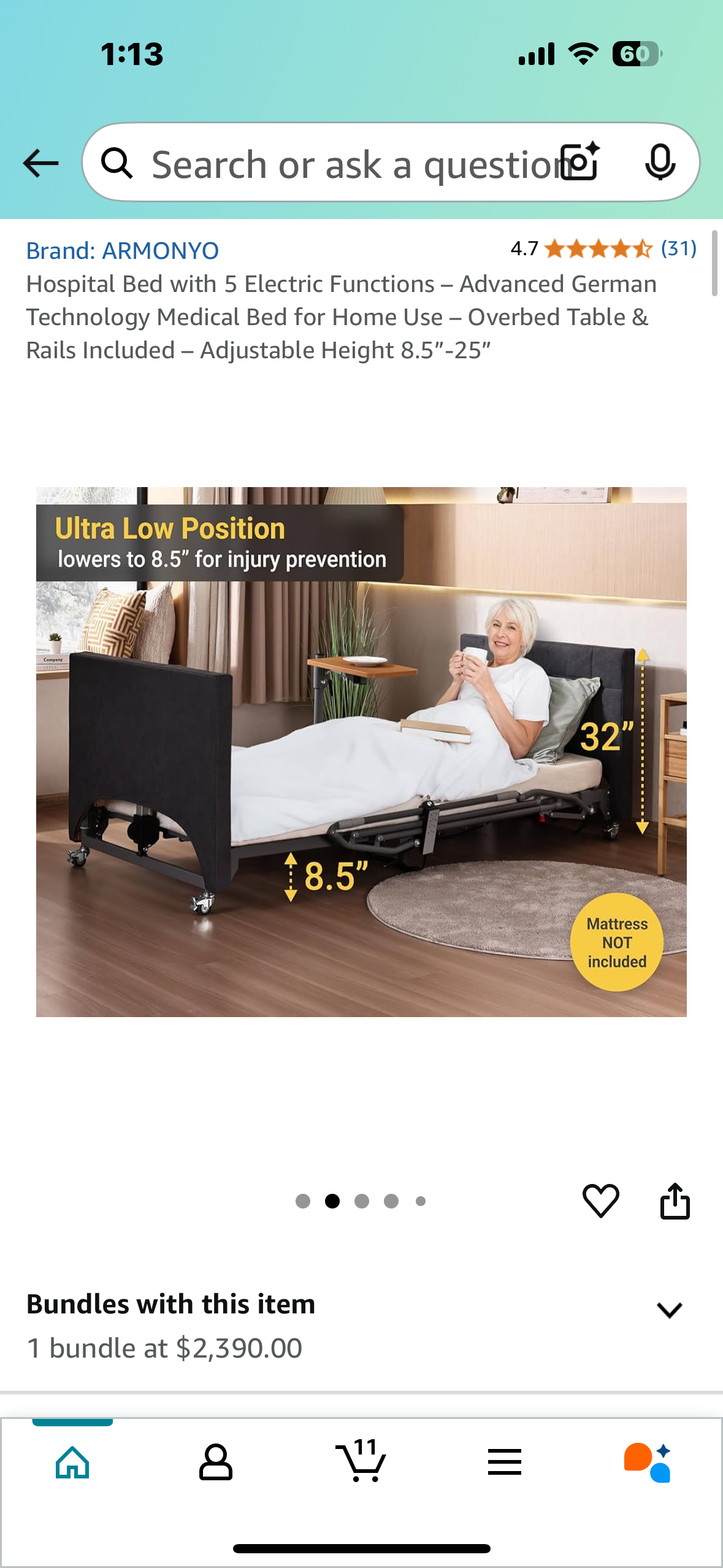Hospital Bed with 5 Electric Functions – Advanced German Technology Medical Bed for Home Use – Overbed Table & Rails Included – Adjustable Height 8.5”-25” (B946)