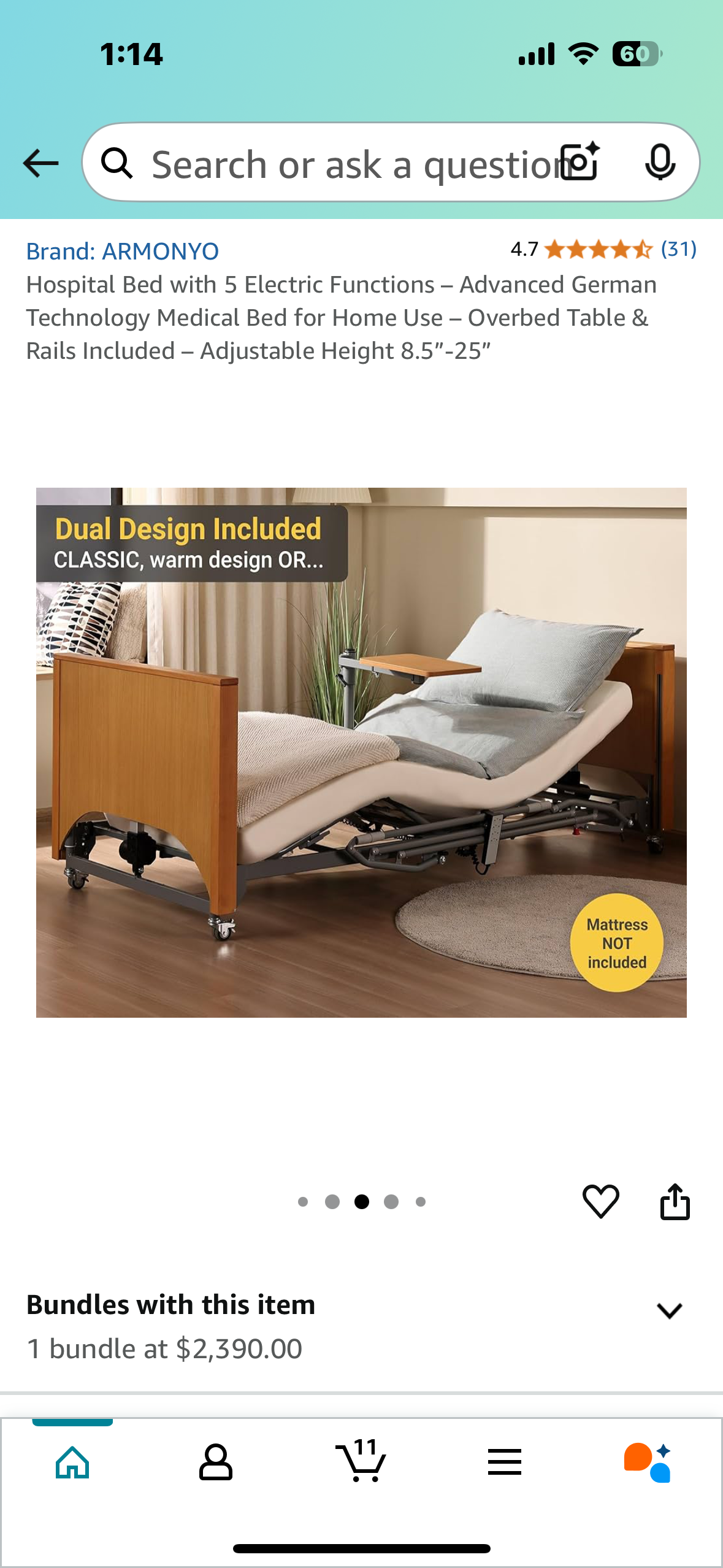Hospital Bed with 5 Electric Functions – Advanced German Technology Medical Bed for Home Use – Overbed Table & Rails Included – Adjustable Height 8.5”-25” (B946)